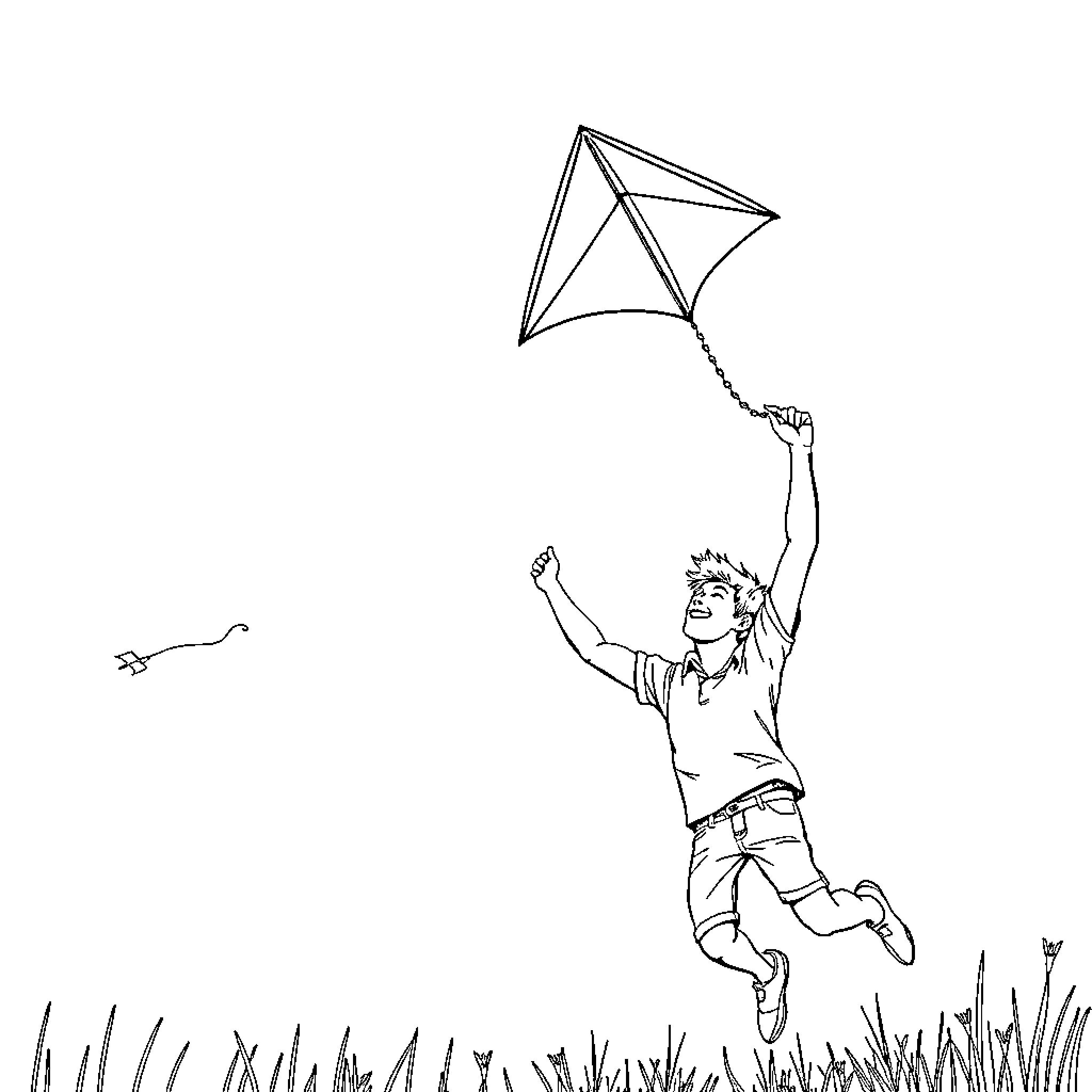 Kite flying with joy in the field Coloring Page (free black-and-white line drawing printable PDF for all, from beginners to advanced learners, including children, teens, adults, and seniors)