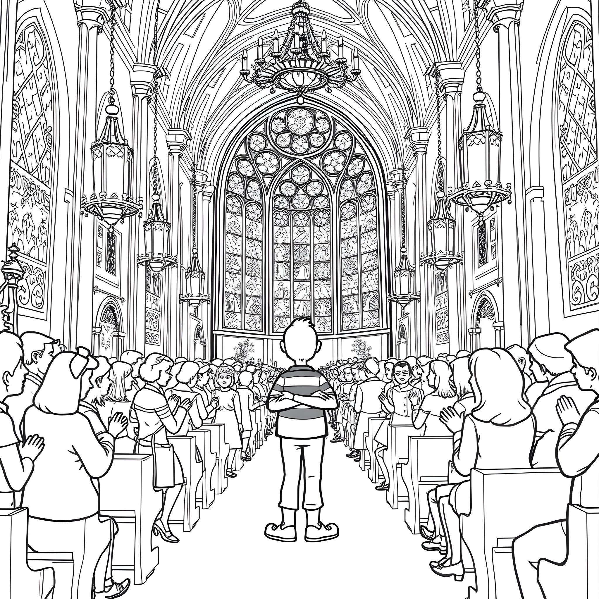 Waldo's Wondrous Adventure in the Cathedral Coloring Page (free black-and-white line drawing printable PDF for all, from beginners to advanced learners, including children, teens, adults, and seniors)