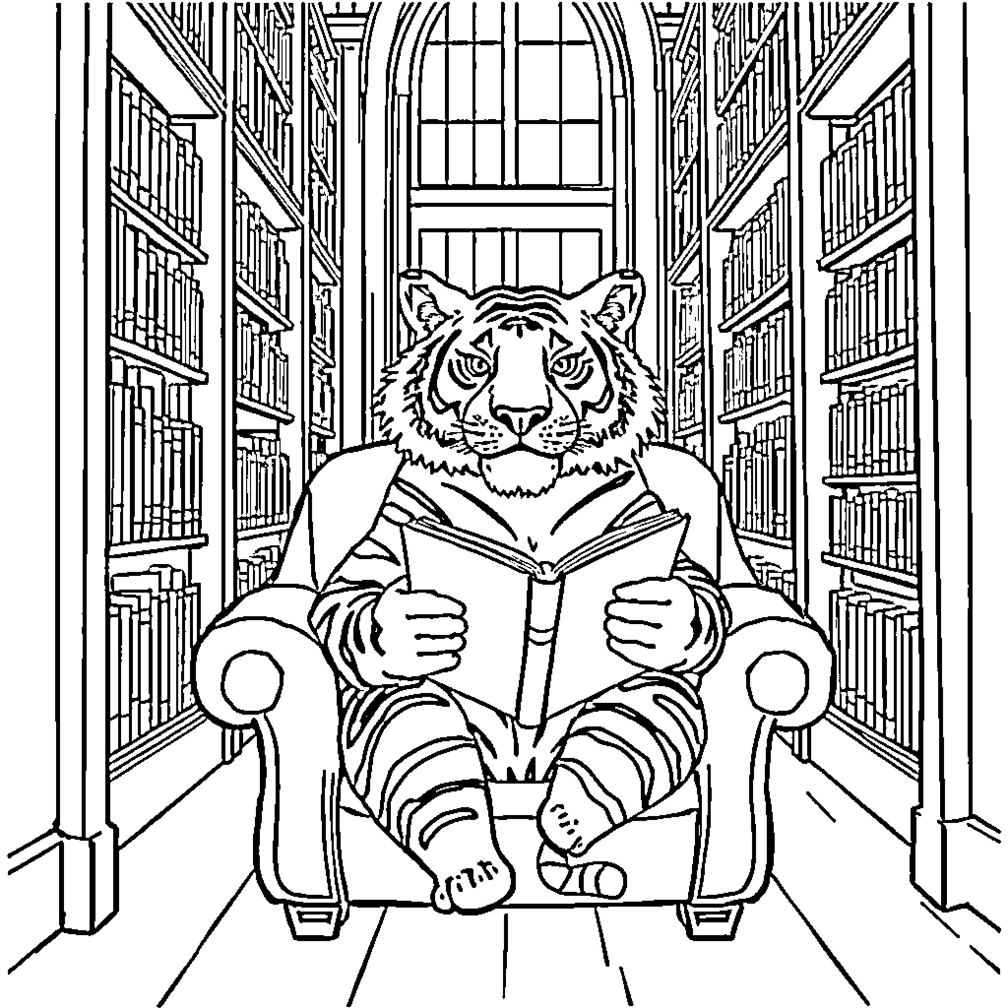 Tiger reading a book in the library Coloring Page (free black-and-white line drawing printable PDF for all, from beginners to advanced learners, including children, teens, adults, and seniors)