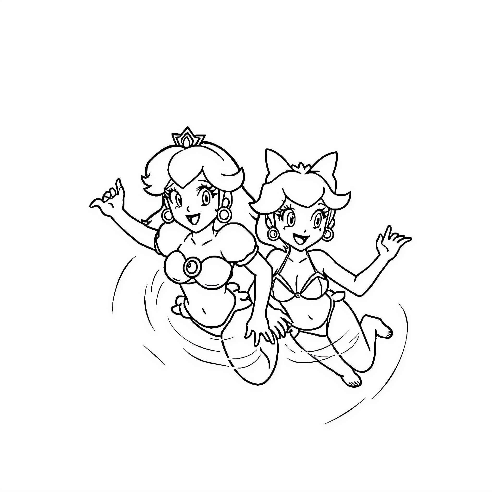 Peach and Daisy celebrate together Coloring Page (free black-and-white line drawing printable PDF for all, from beginners to advanced learners, including children, teens, adults, and seniors)