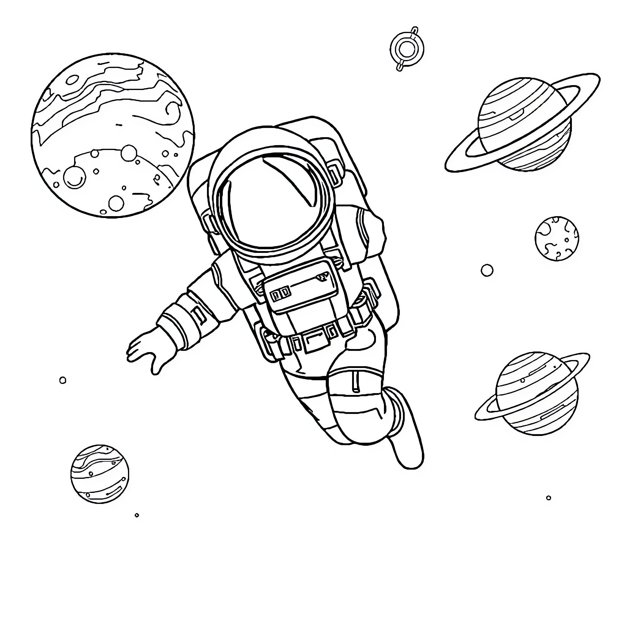 Astronaut floating amidst planets and spacecraft Coloring Page (free black-and-white line drawing printable PDF for all, from beginners to advanced learners, including children, teens, adults, and seniors)