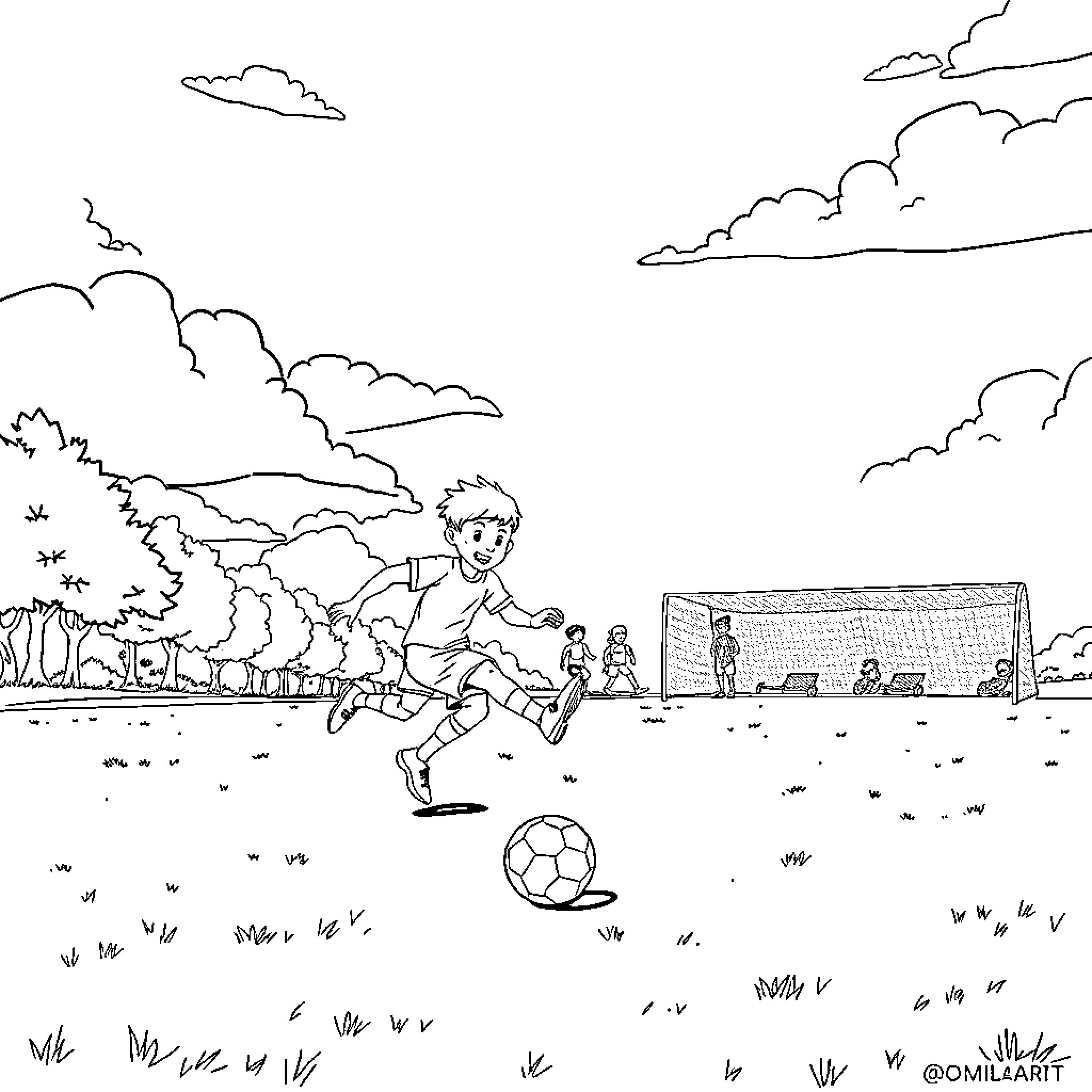 Gaby playing soccer on a field Coloring Page (free black-and-white line drawing printable PDF for all, from beginners to advanced learners, including children, teens, adults, and seniors)