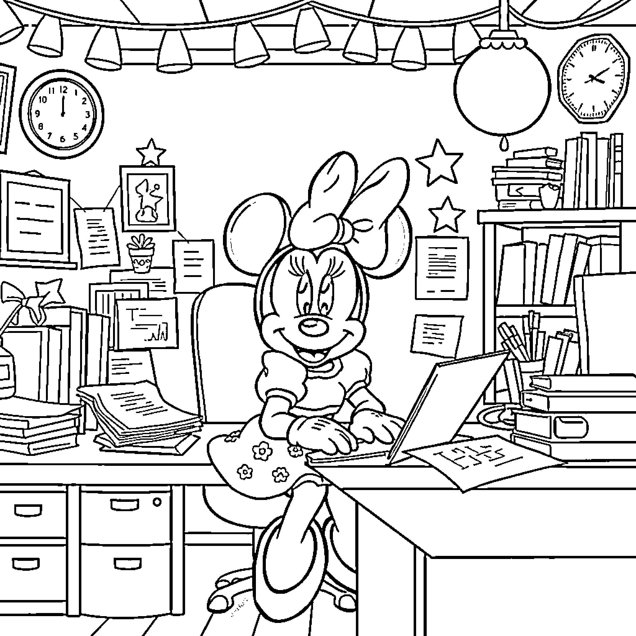Minnie Mouse studying diligently in her cozy office Coloring Page (free black-and-white line drawing printable PDF for all, from beginners to advanced learners, including children, teens, adults, and seniors)