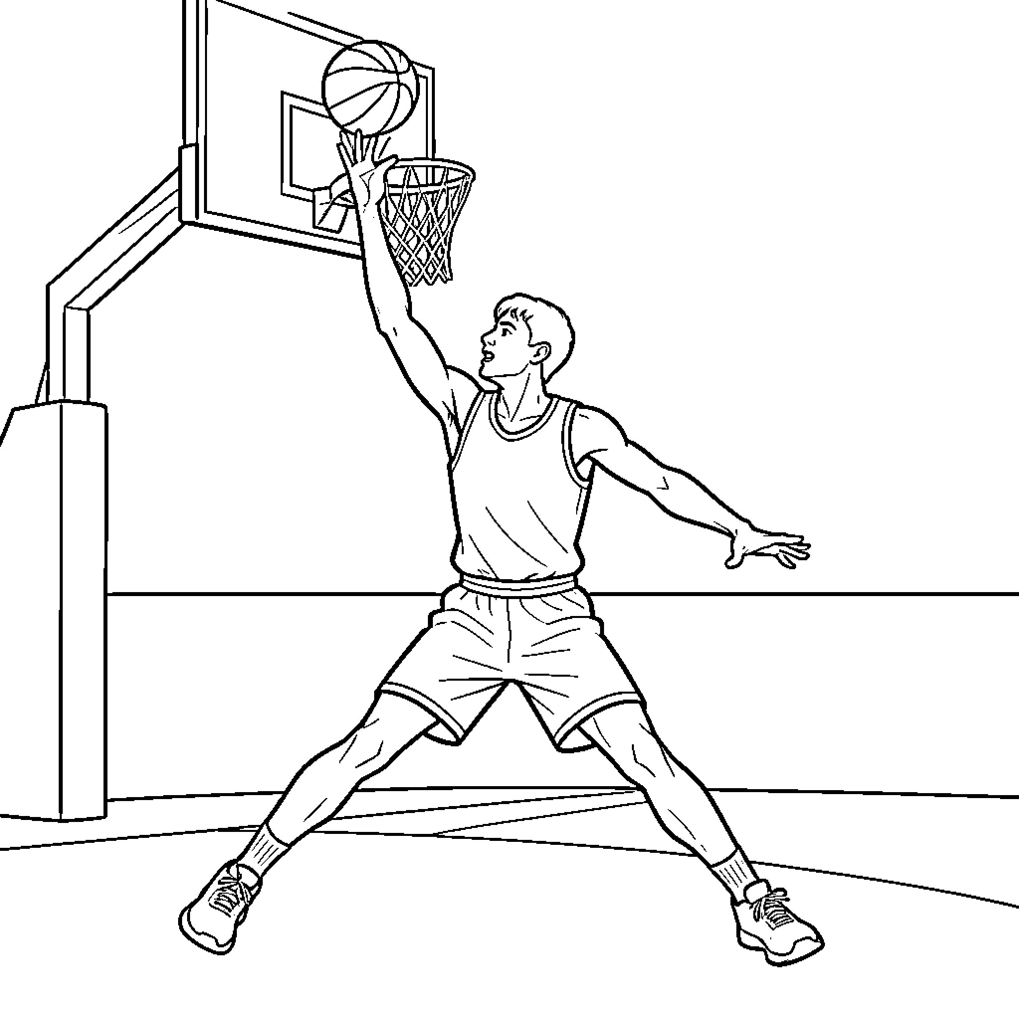 Joueur de Basket effectuant un slam dunk dynamique Coloring Page (free black-and-white line drawing printable PDF for all, from beginners to advanced learners, including children, teens, adults, and seniors)