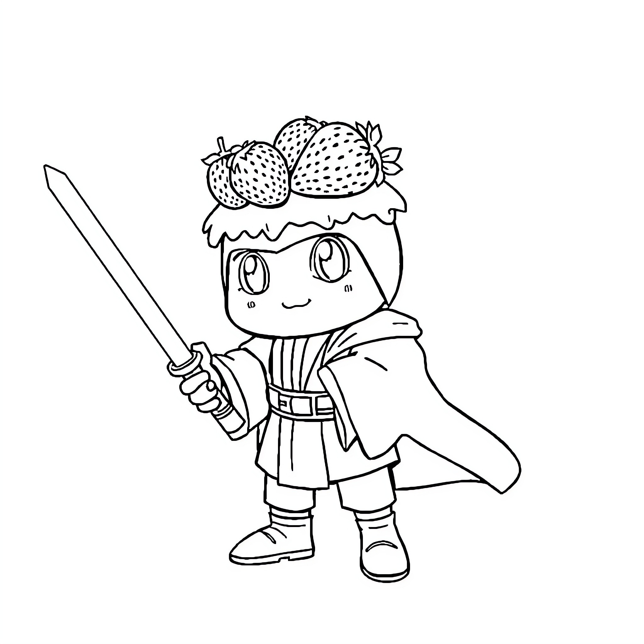 Strawberry Shortcake character with sword and heroic pose Coloring Page (free black-and-white line drawing printable PDF for all, from beginners to advanced learners, including children, teens, adults, and seniors)