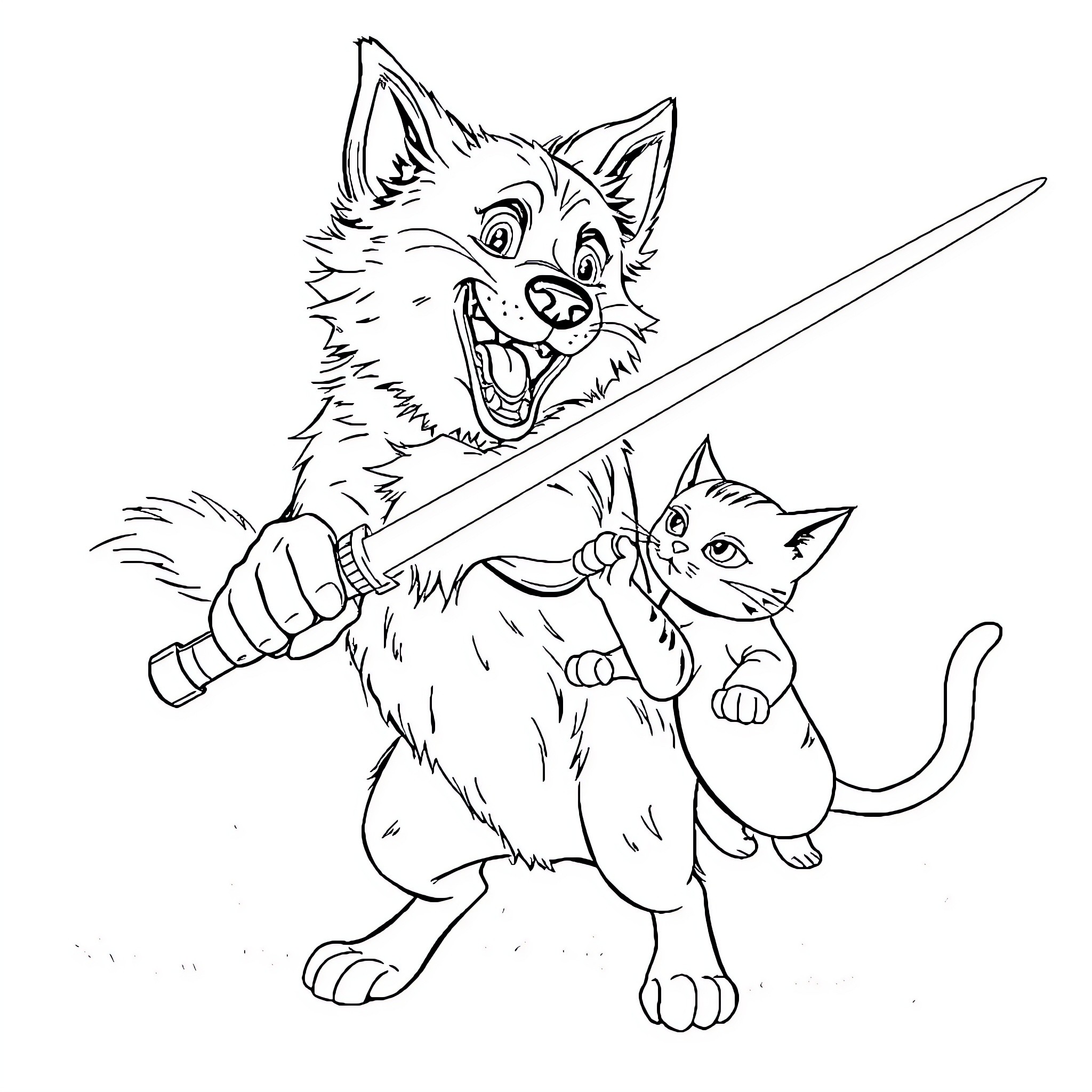 Dog and cat wielding swords in action Coloring Page (free black-and-white line drawing printable PDF for all, from beginners to advanced learners, including children, teens, adults, and seniors)