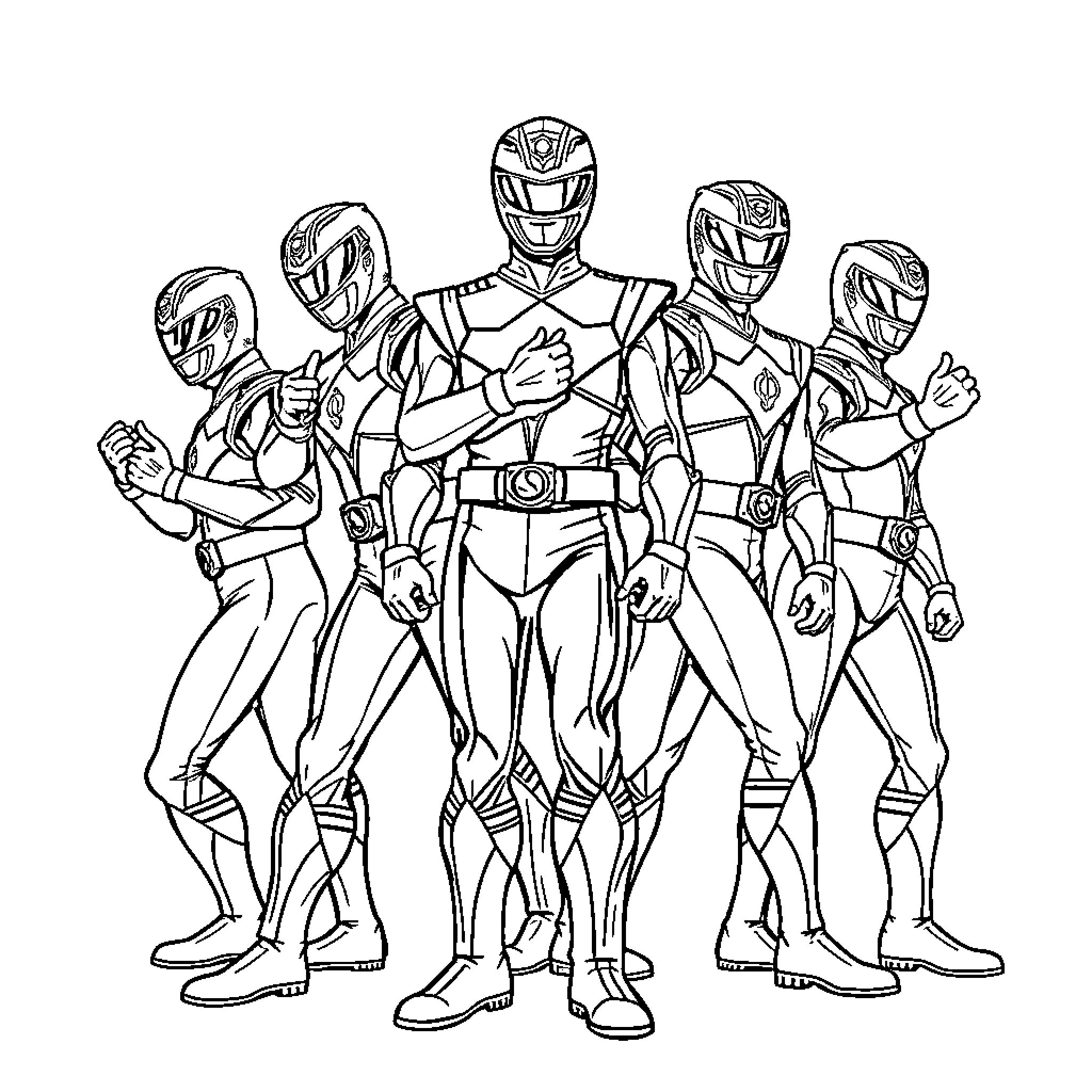 Power Rangers Standing in Unity and Heroic Poses Coloring Page (free black-and-white line drawing printable PDF for all, from beginners to advanced learners, including children, teens, adults, and seniors)