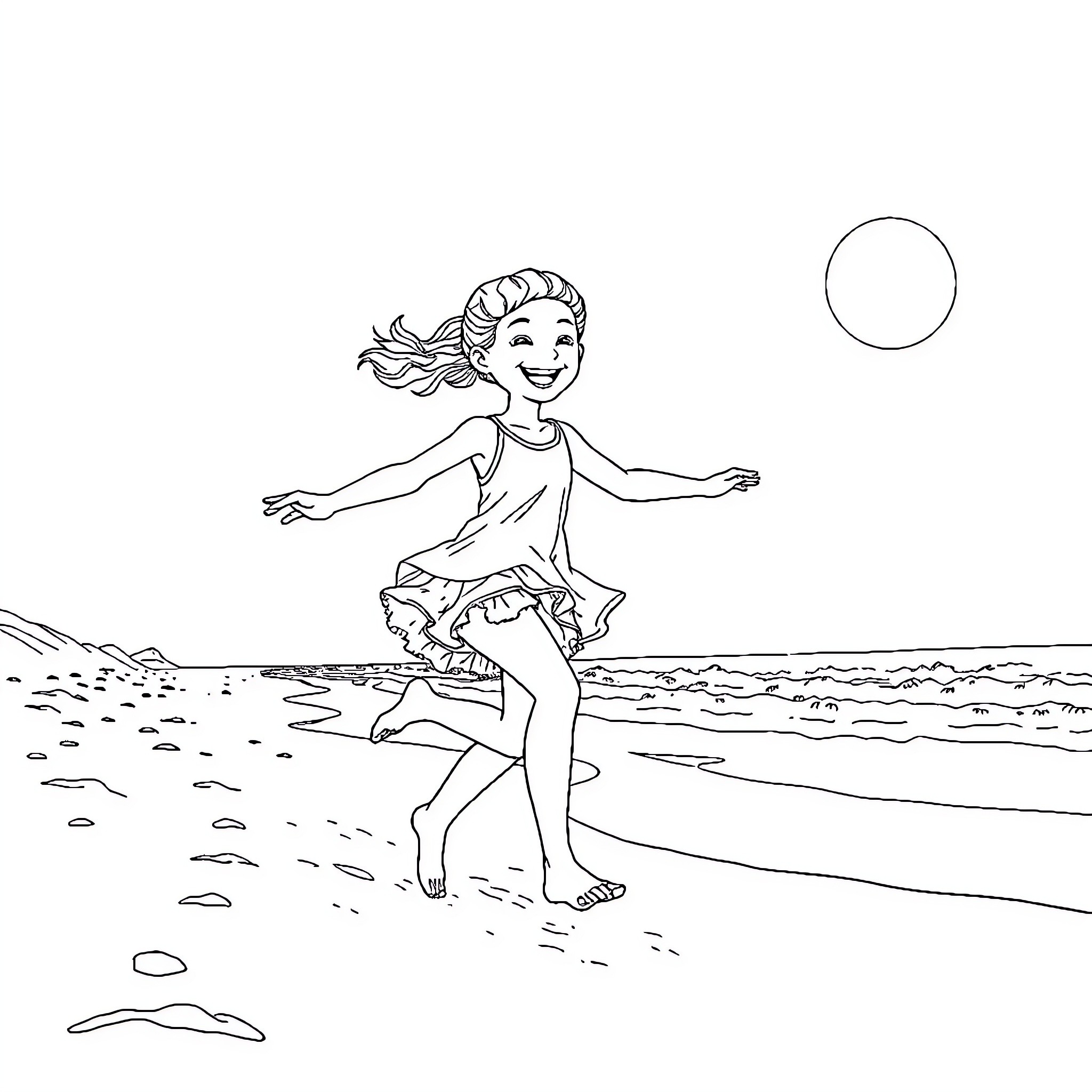 Elastic Girl playing joyfully on the beach Coloring Page (free black-and-white line drawing printable PDF for all, from beginners to advanced learners, including children, teens, adults, and seniors)