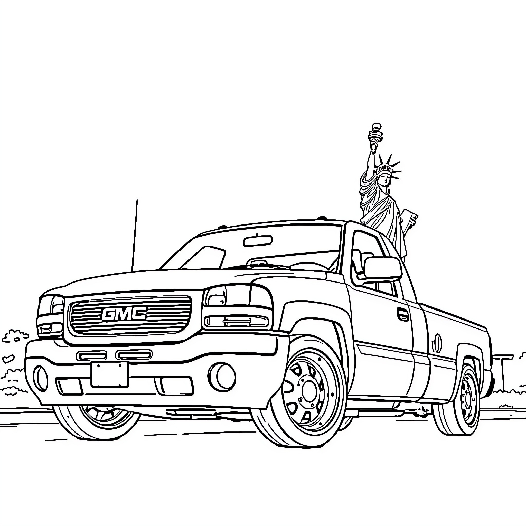 Gmc truck with Statue of Liberty Coloring Page (free black-and-white line drawing printable PDF for all, from beginners to advanced learners, including children, teens, adults, and seniors)