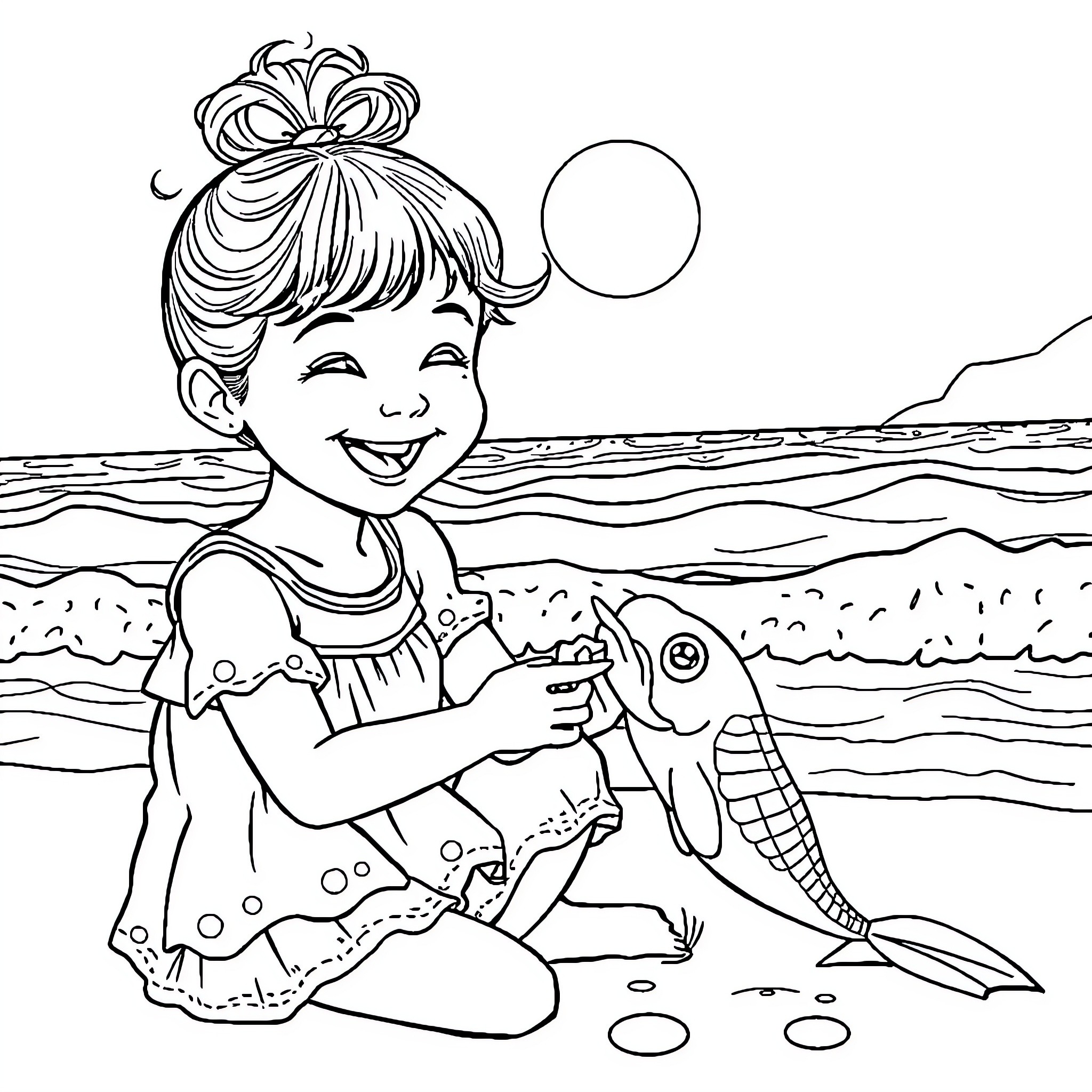 Girl playing happily with a toy fish on the beach Coloring Page (free black-and-white line drawing printable PDF for all, from beginners to advanced learners, including children, teens, adults, and seniors)