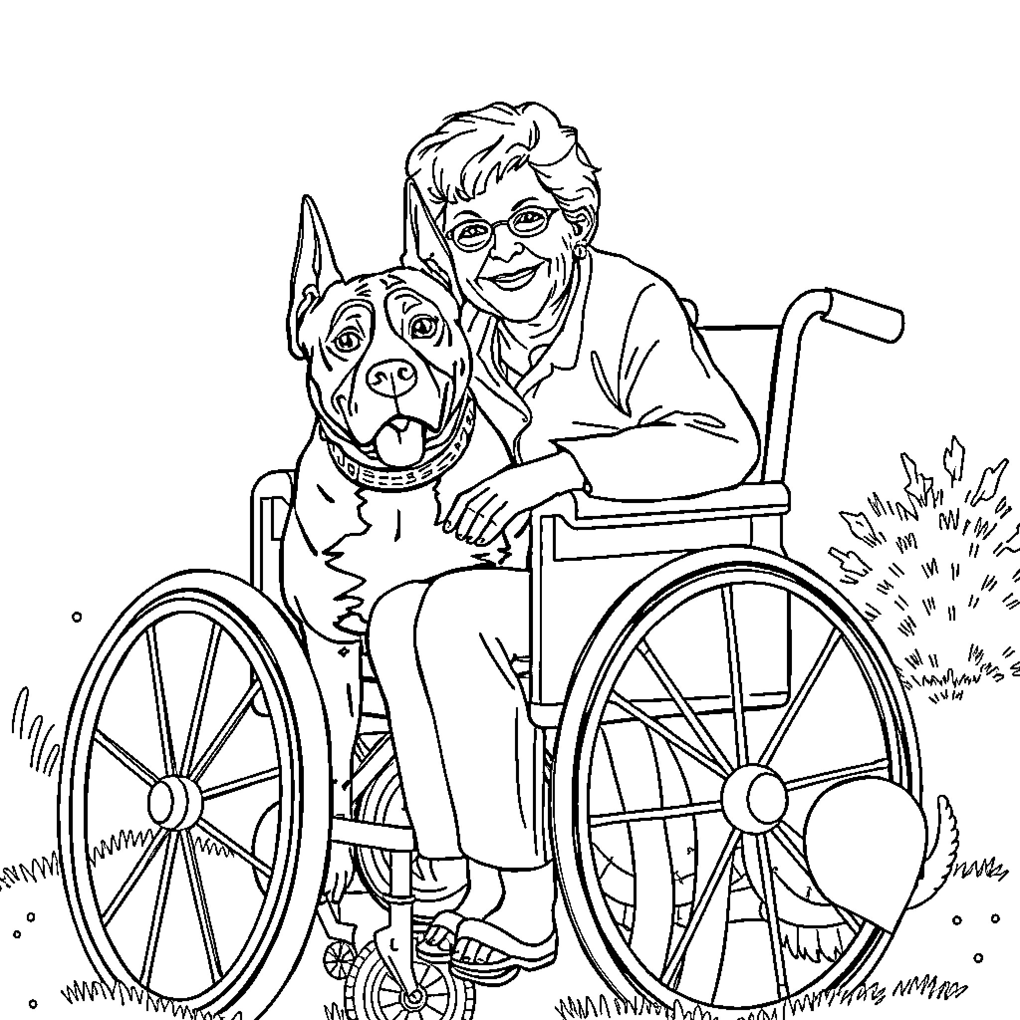 Amstaff assists elderly woman in wheelchair Coloring Page (free black-and-white line drawing printable PDF for all, from beginners to advanced learners, including children, teens, adults, and seniors)