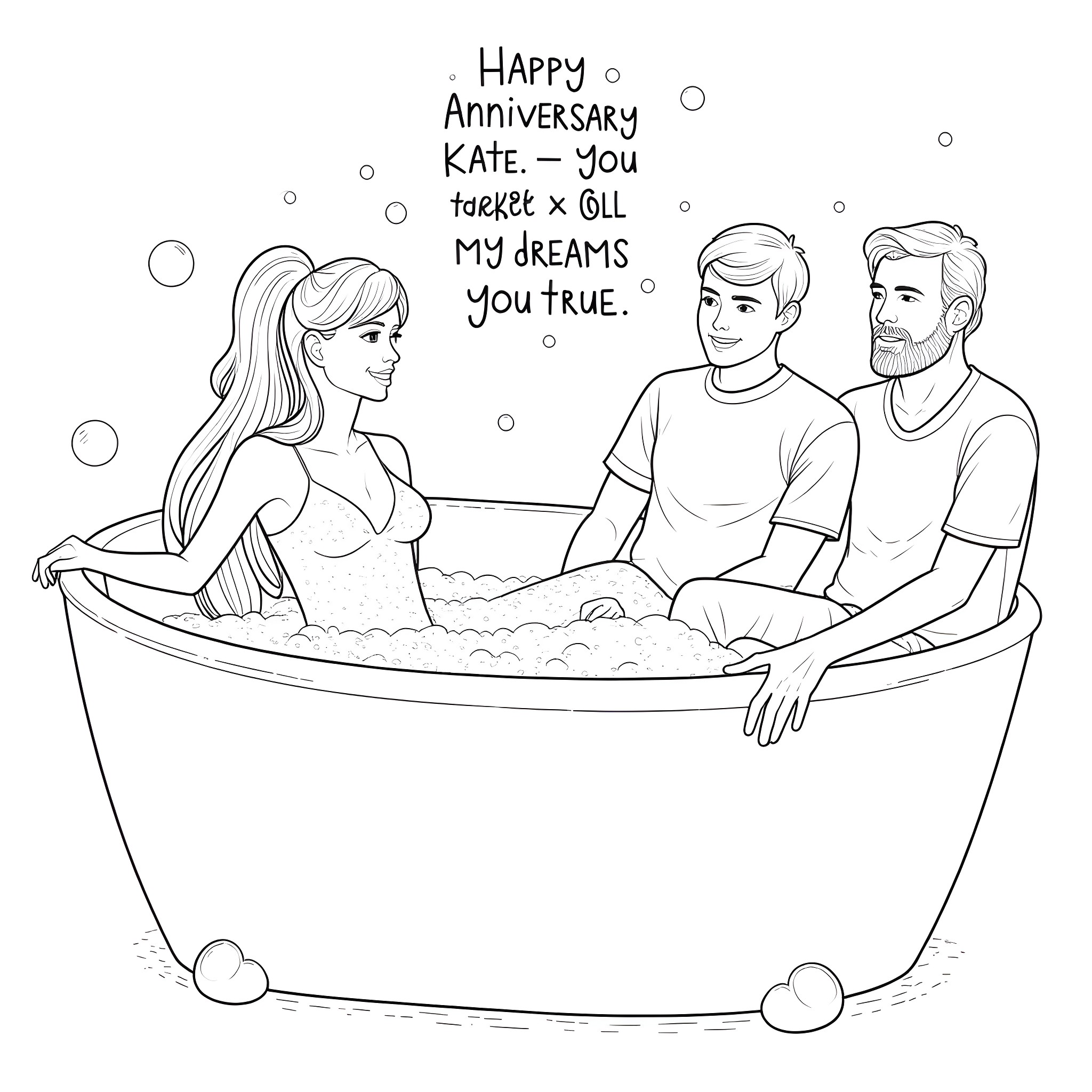 Woman celebrates anniversary with loved ones in bath Coloring Page (free black-and-white line drawing printable PDF for all, from beginners to advanced learners, including children, teens, adults, and seniors)