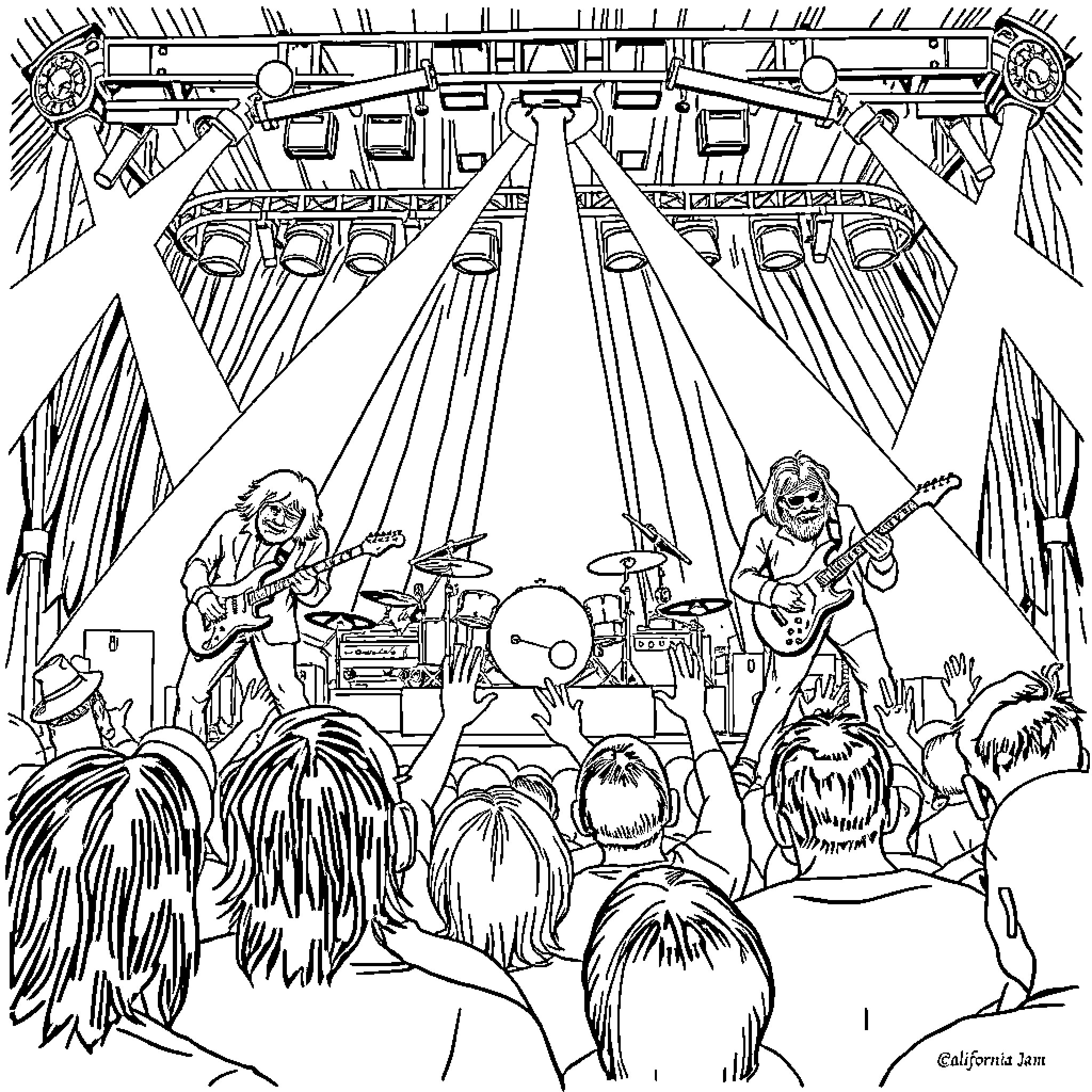 Emerson Lake & Palmer Performing on Stage Coloring Page (free black-and-white line drawing printable PDF for all, from beginners to advanced learners, including children, teens, adults, and seniors)