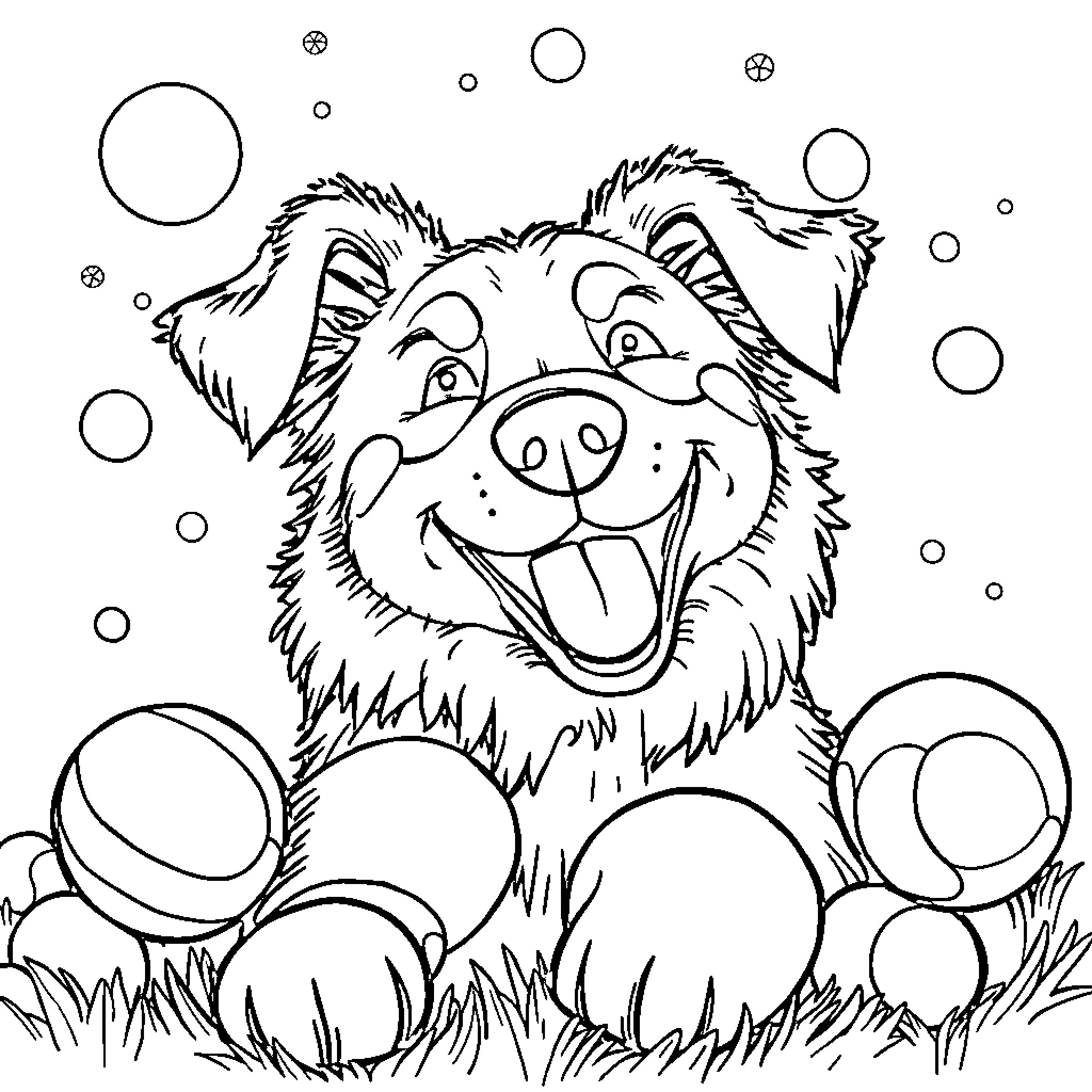 Dog playing happily in the grass Coloring Page (free black-and-white line drawing printable PDF for all, from beginners to advanced learners, including children, teens, adults, and seniors)