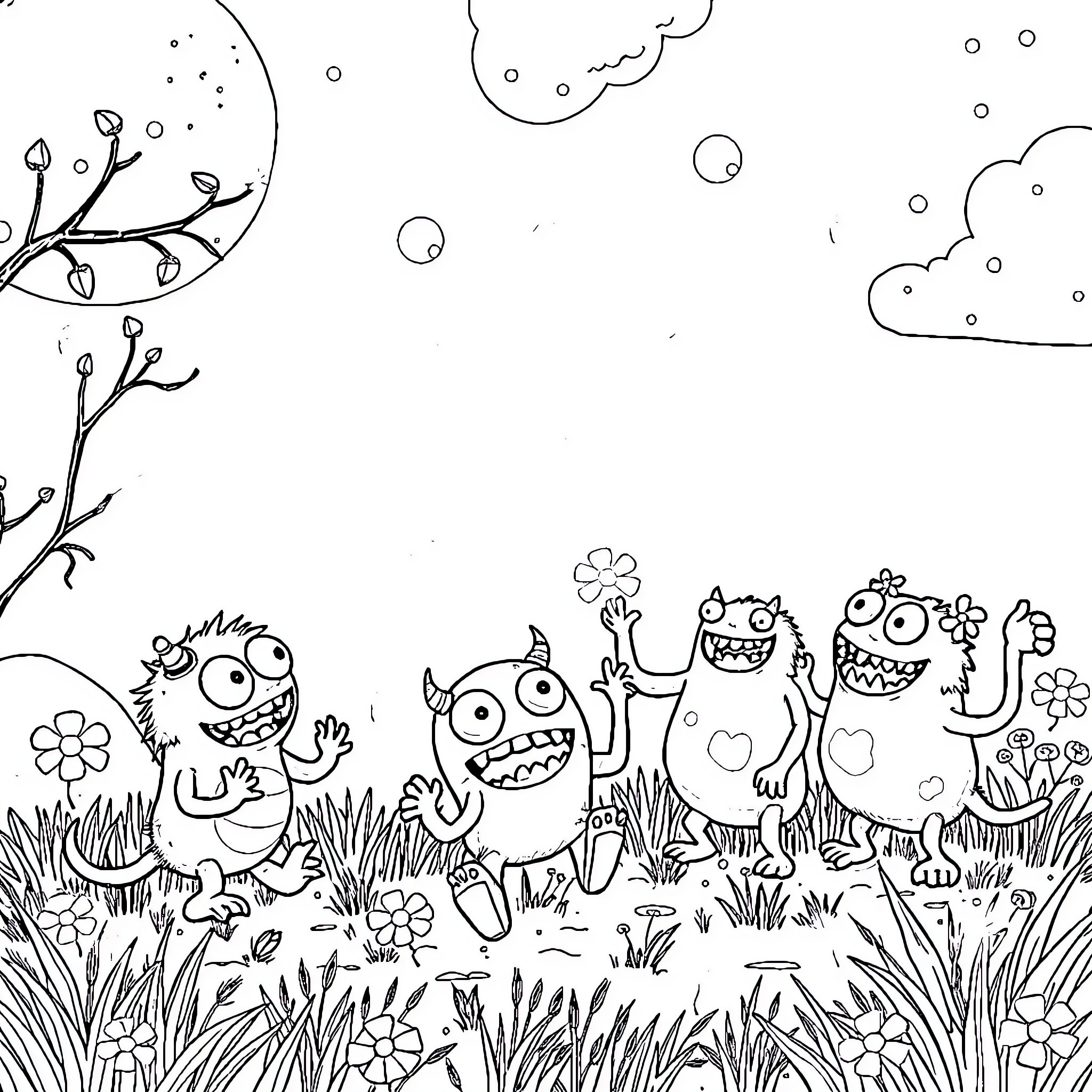 Monsters playing joyfully in a whimsical meadow Coloring Page (free black-and-white line drawing printable PDF for all, from beginners to advanced learners, including children, teens, adults, and seniors)