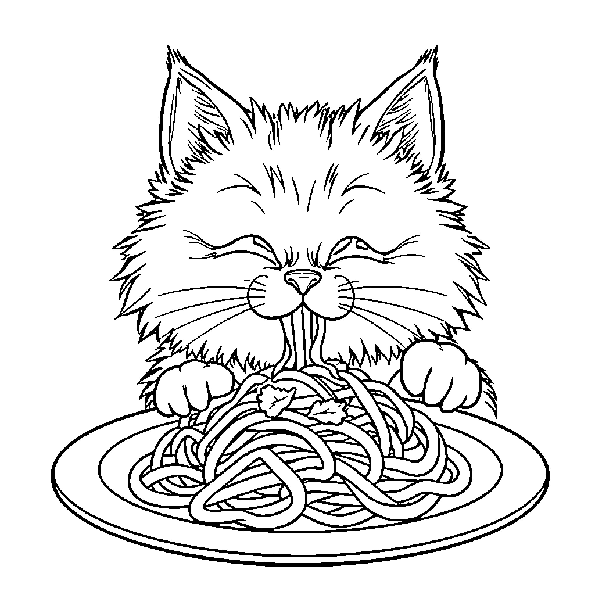 Cat Enjoying a Hearty Meal of Spaghetti Coloring Page (free black-and-white line drawing printable PDF for all, from beginners to advanced learners, including children, teens, adults, and seniors)
