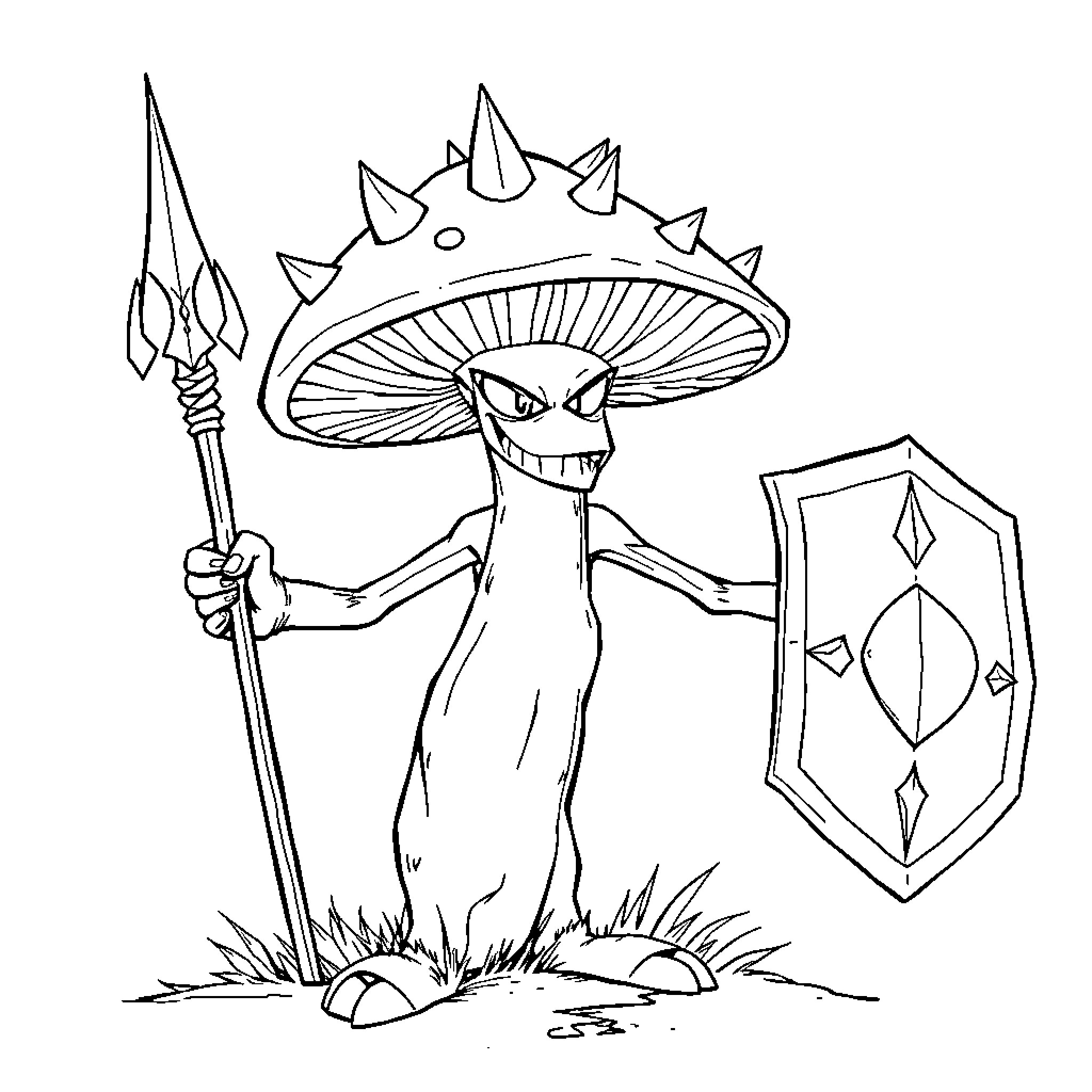 Mushroom warrior wielding spear and shield Coloring Page (free black-and-white line drawing printable PDF for all, from beginners to advanced learners, including children, teens, adults, and seniors)