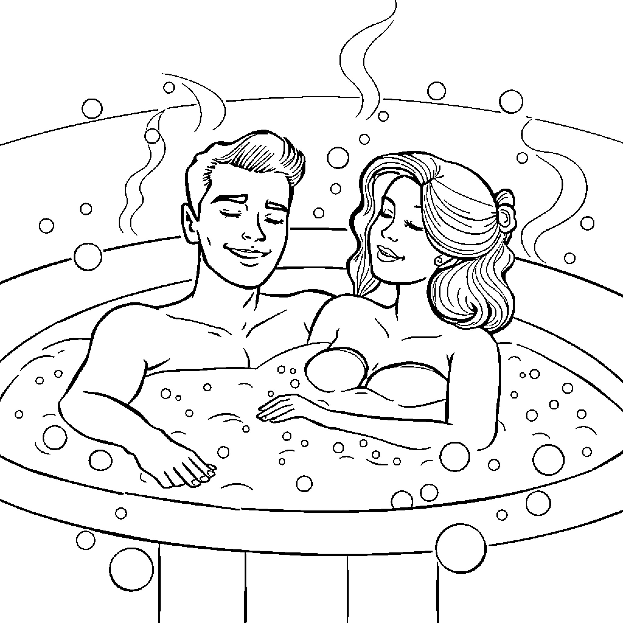 Man and Woman Relaxing in Bubbly Spa Coloring Page (free black-and-white line drawing printable PDF for all, from beginners to advanced learners, including children, teens, adults, and seniors)