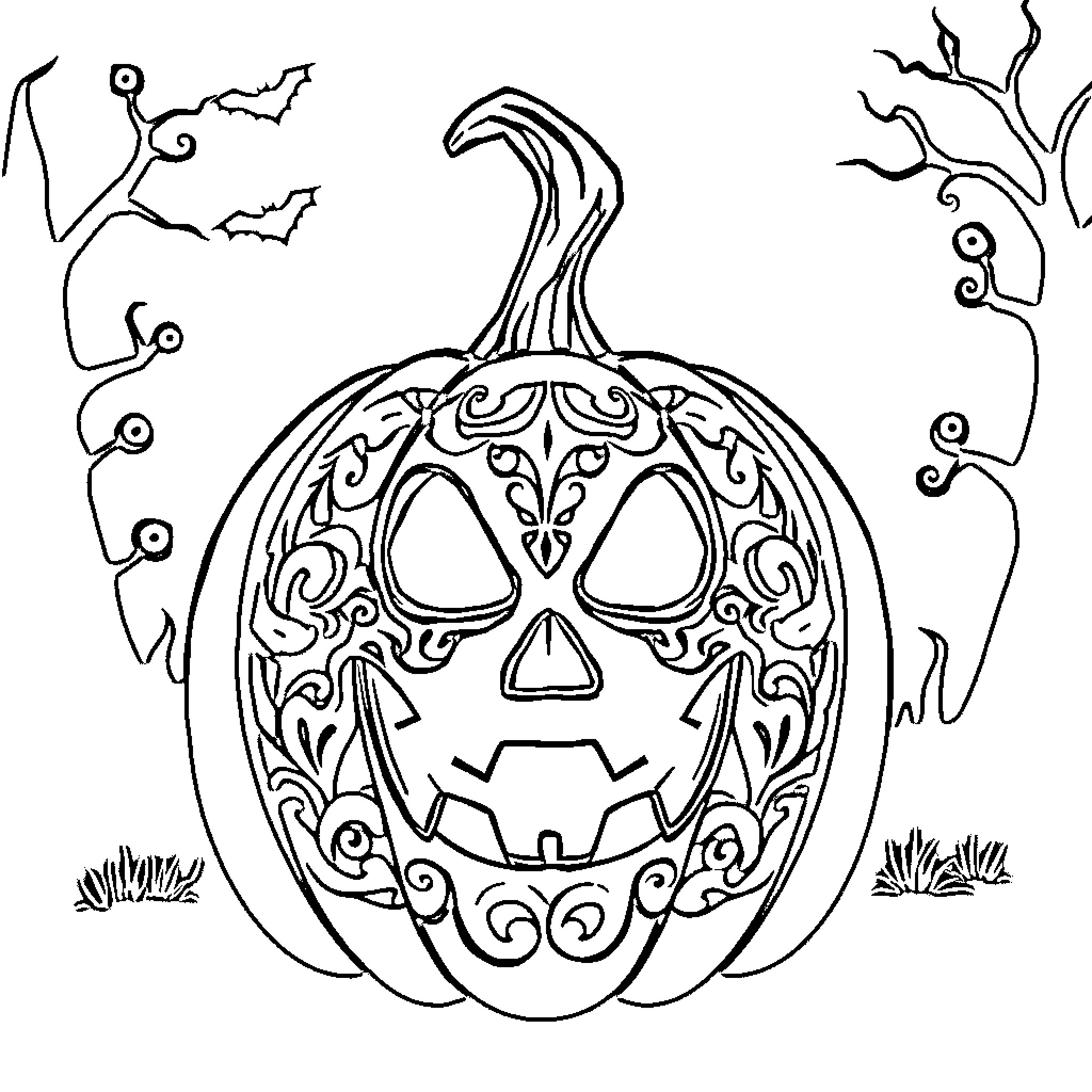 Pumpkin with intricate carved design Coloring Page (free black-and-white line drawing printable PDF for all, from beginners to advanced learners, including children, teens, adults, and seniors)