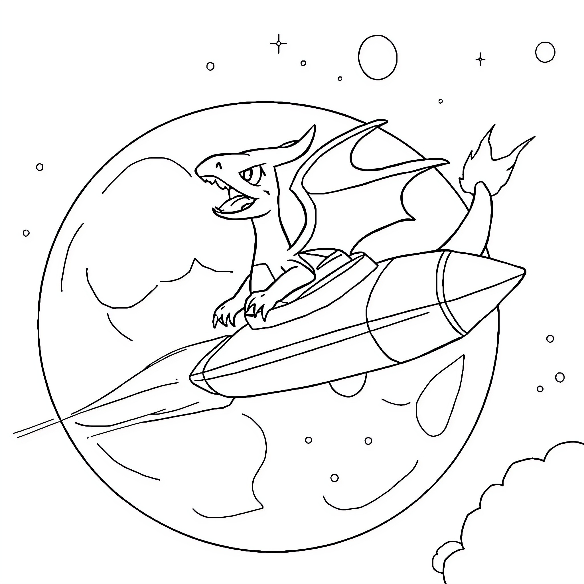 Charizard soaring through the cosmic skies Coloring Page (free black-and-white line drawing printable PDF for all, from beginners to advanced learners, including children, teens, adults, and seniors)