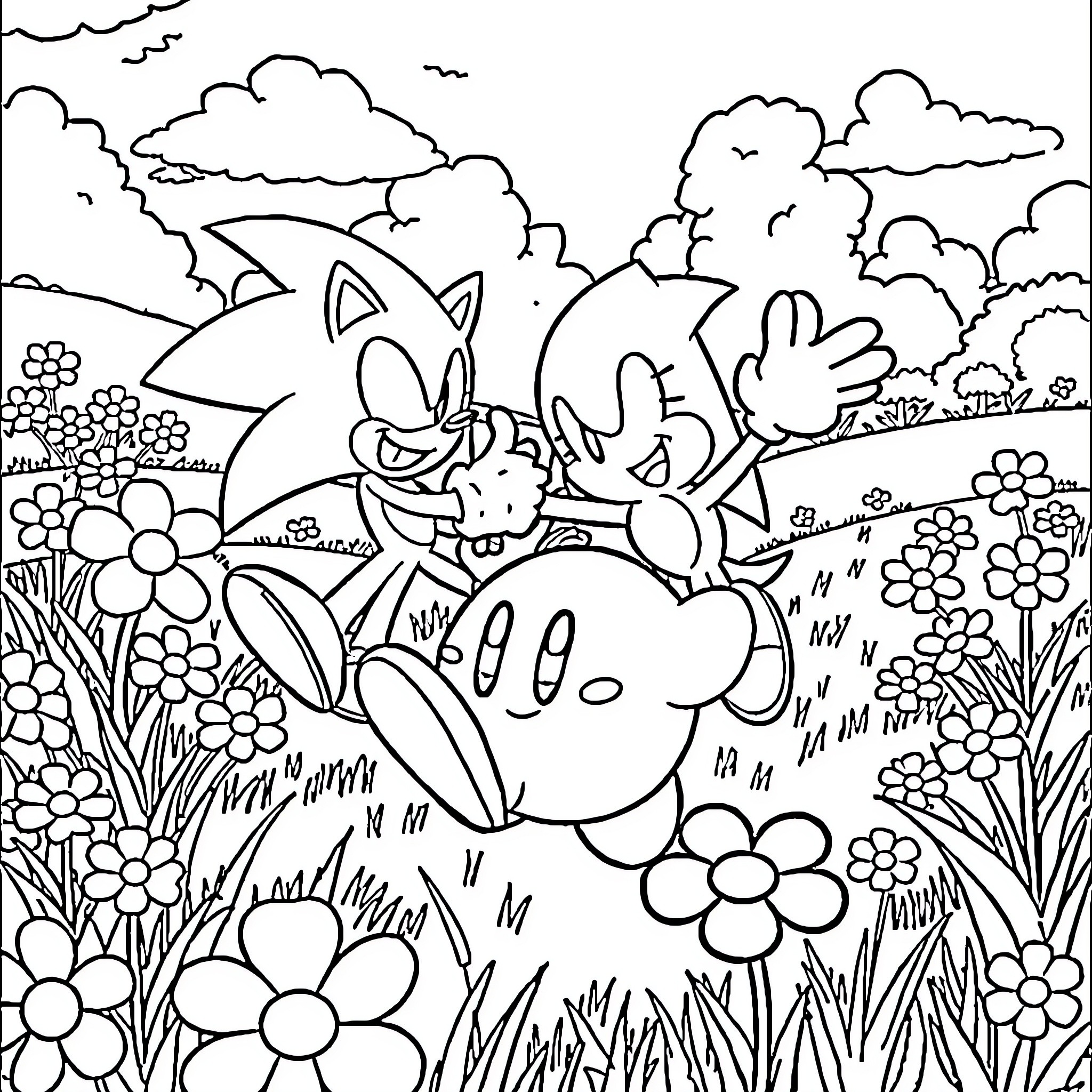 Kirby exploring a vibrant flower-filled landscape Coloring Page (free black-and-white line drawing printable PDF for all, from beginners to advanced learners, including children, teens, adults, and seniors)