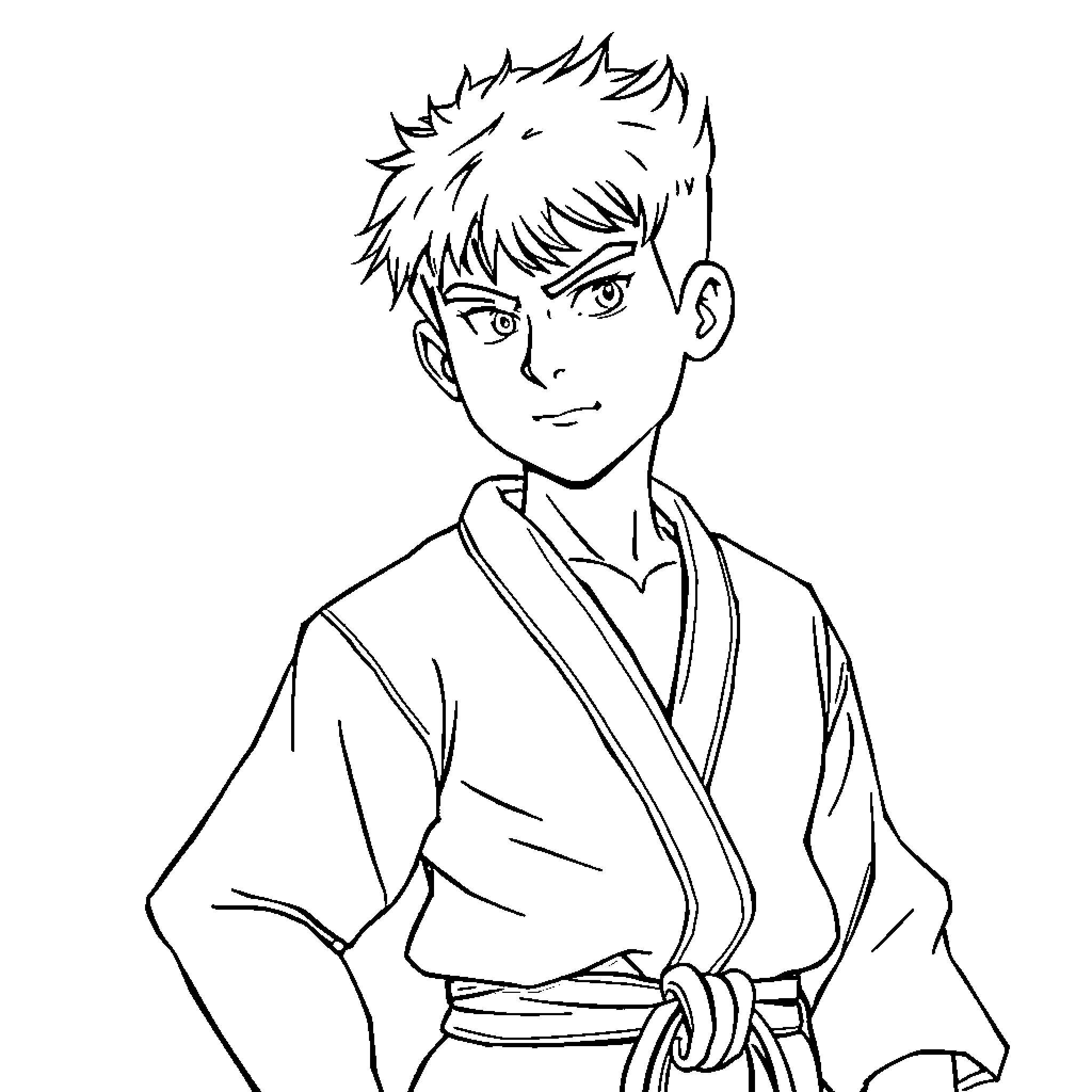 Miguel's Thoughtful Gaze in Martial Arts Attire Coloring Page (free black-and-white line drawing printable PDF for all, from beginners to advanced learners, including children, teens, adults, and seniors)