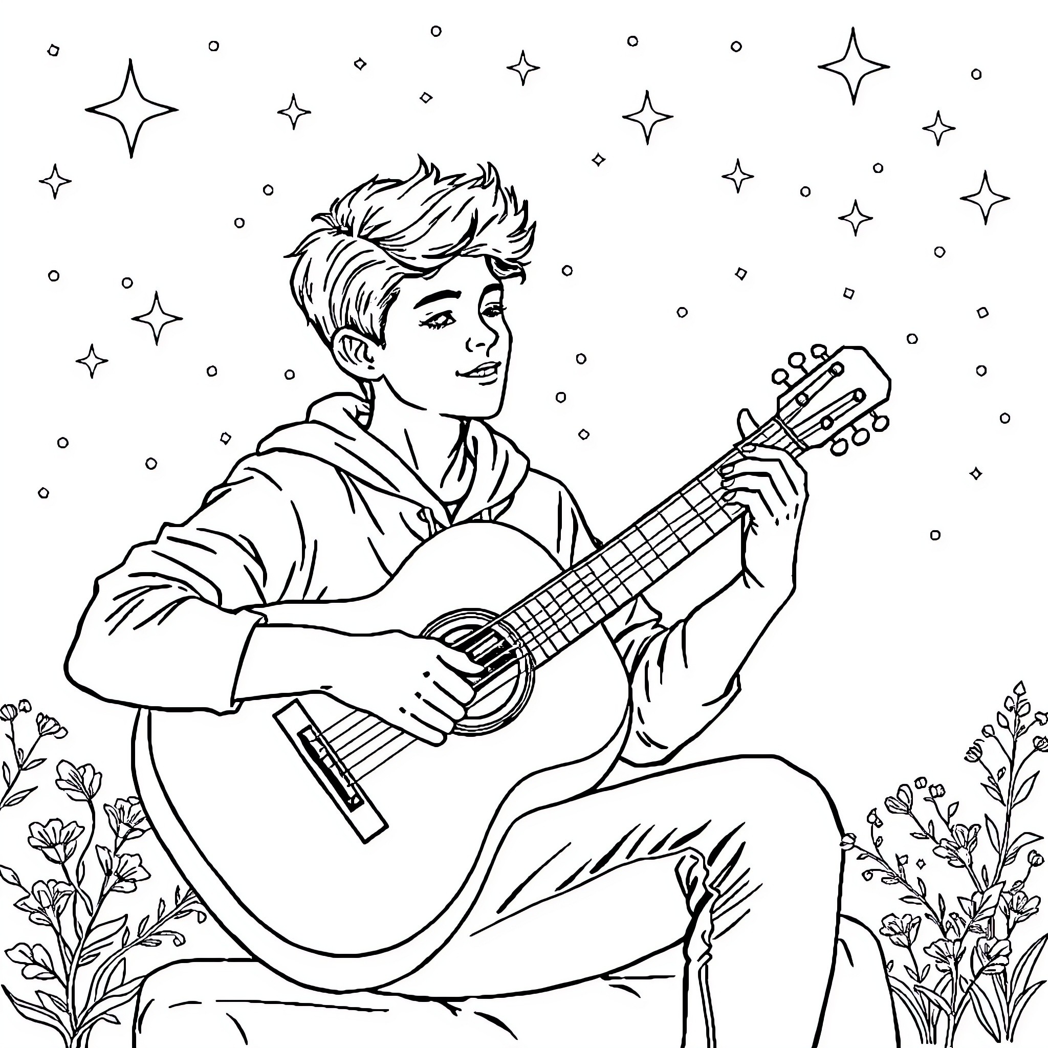 Tuno playing guitar under the starry night sky Coloring Page (free black-and-white line drawing printable PDF for all, from beginners to advanced learners, including children, teens, adults, and seniors)
