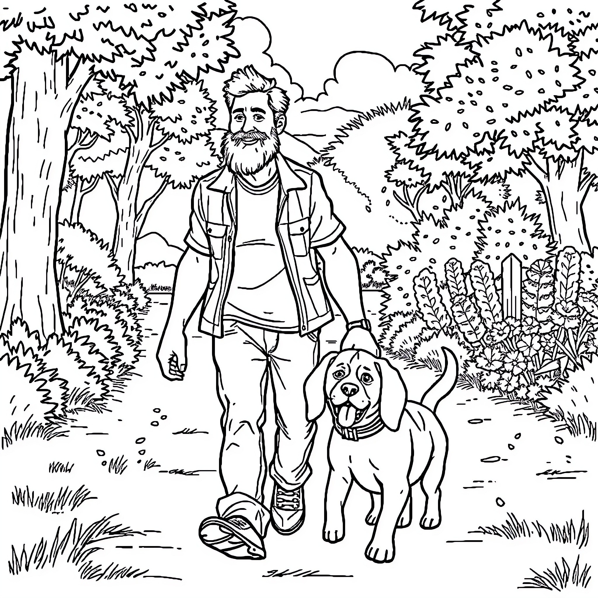 Father enjoying an outdoor walk with his dog Coloring Page (free black-and-white line drawing printable PDF for all, from beginners to advanced learners, including children, teens, adults, and seniors)