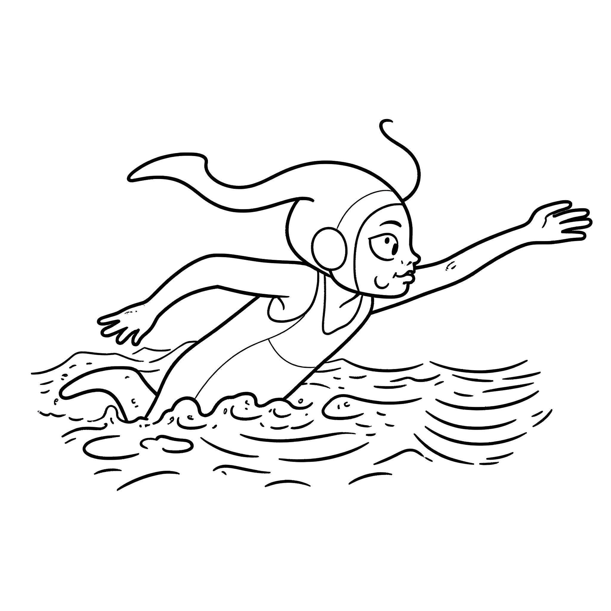 Hornet swimming joyfully in the waves Coloring Page (free black-and-white line drawing printable PDF for all, from beginners to advanced learners, including children, teens, adults, and seniors)