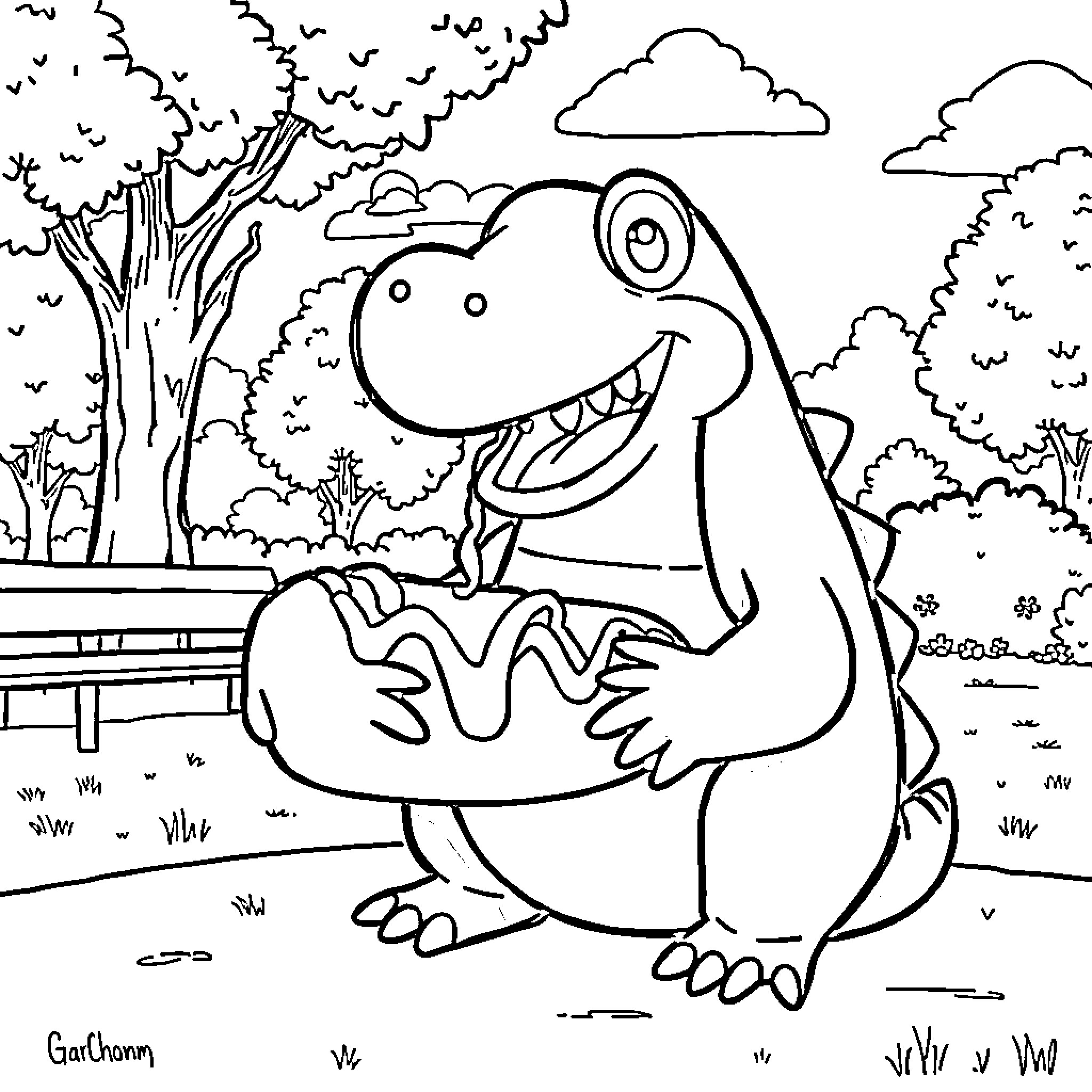 Garchomp enjoying nature in a colorful landscape Coloring Page (free black-and-white line drawing printable PDF for all, from beginners to advanced learners, including children, teens, adults, and seniors)