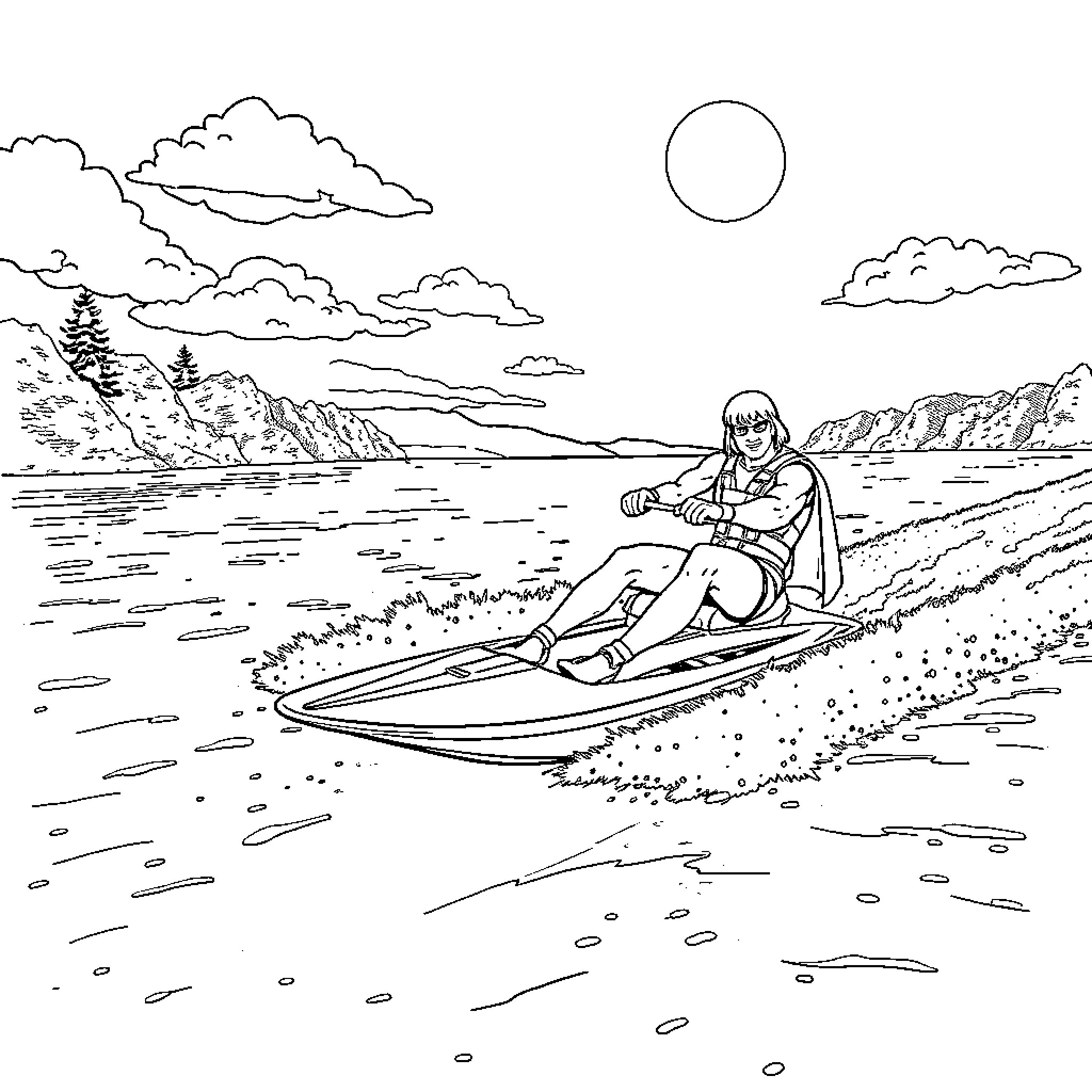 He-Man enjoys a peaceful day surfing on the beach Coloring Page (free black-and-white line drawing printable PDF for all, from beginners to advanced learners, including children, teens, adults, and seniors)