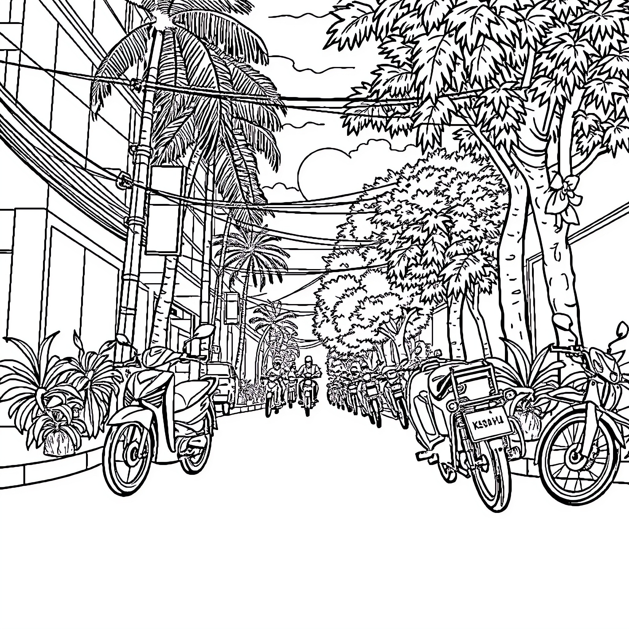 Bicycle Ride Through Tropical Street Scene Coloring Page (free black-and-white line drawing printable PDF for all, from beginners to advanced learners, including children, teens, adults, and seniors)