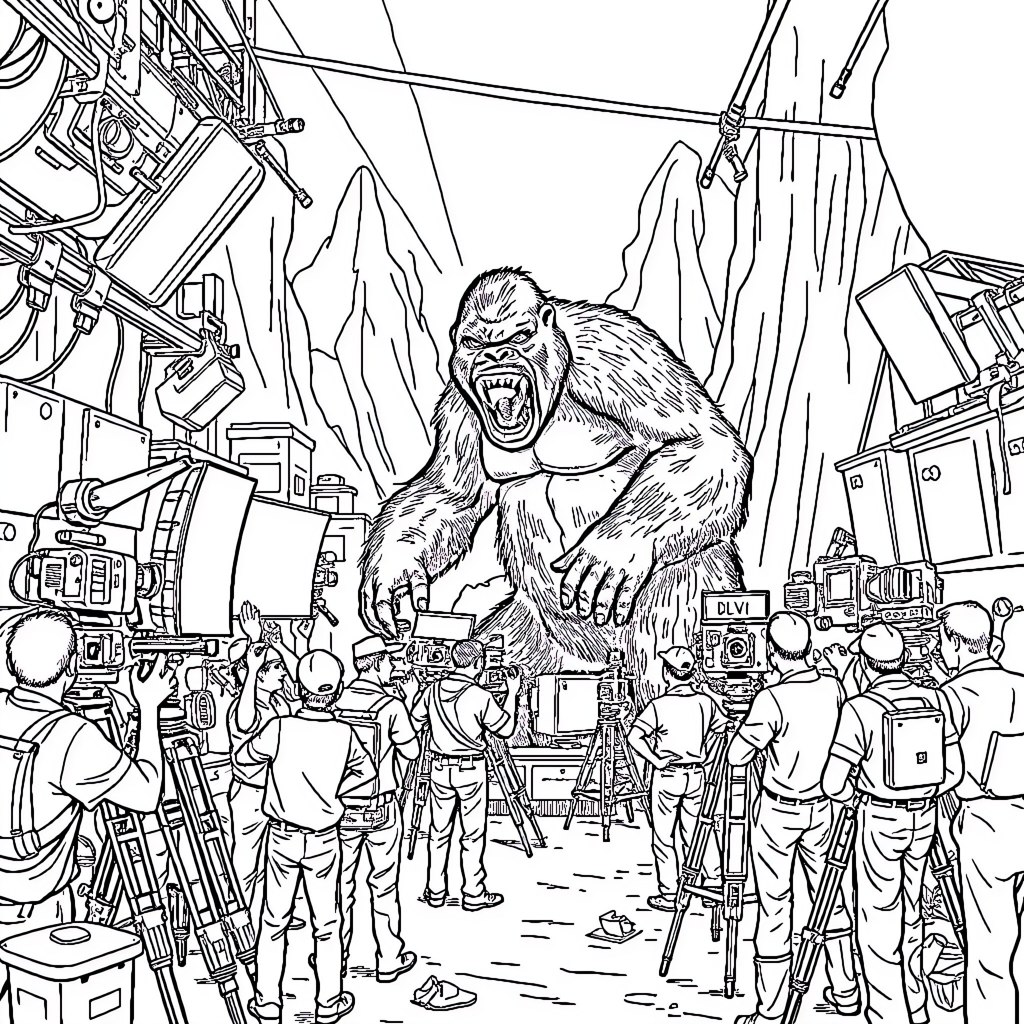 King Kong terrorizing a film crew on a movie set Coloring Page (free black-and-white line drawing printable PDF for all, from beginners to advanced learners, including children, teens, adults, and seniors)