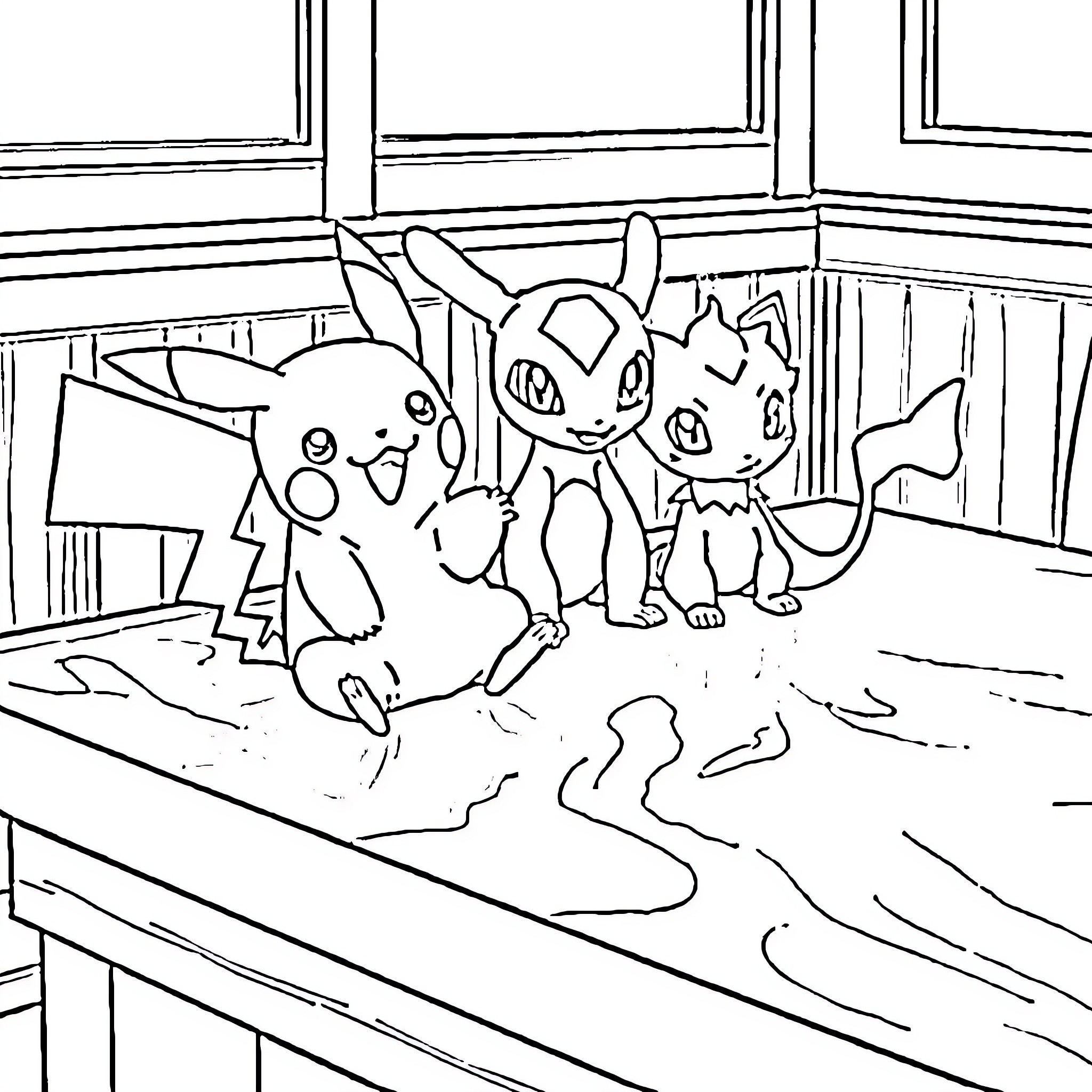 Pikachu and friends playing indoors Coloring Page (free black-and-white line drawing printable PDF for all, from beginners to advanced learners, including children, teens, adults, and seniors)