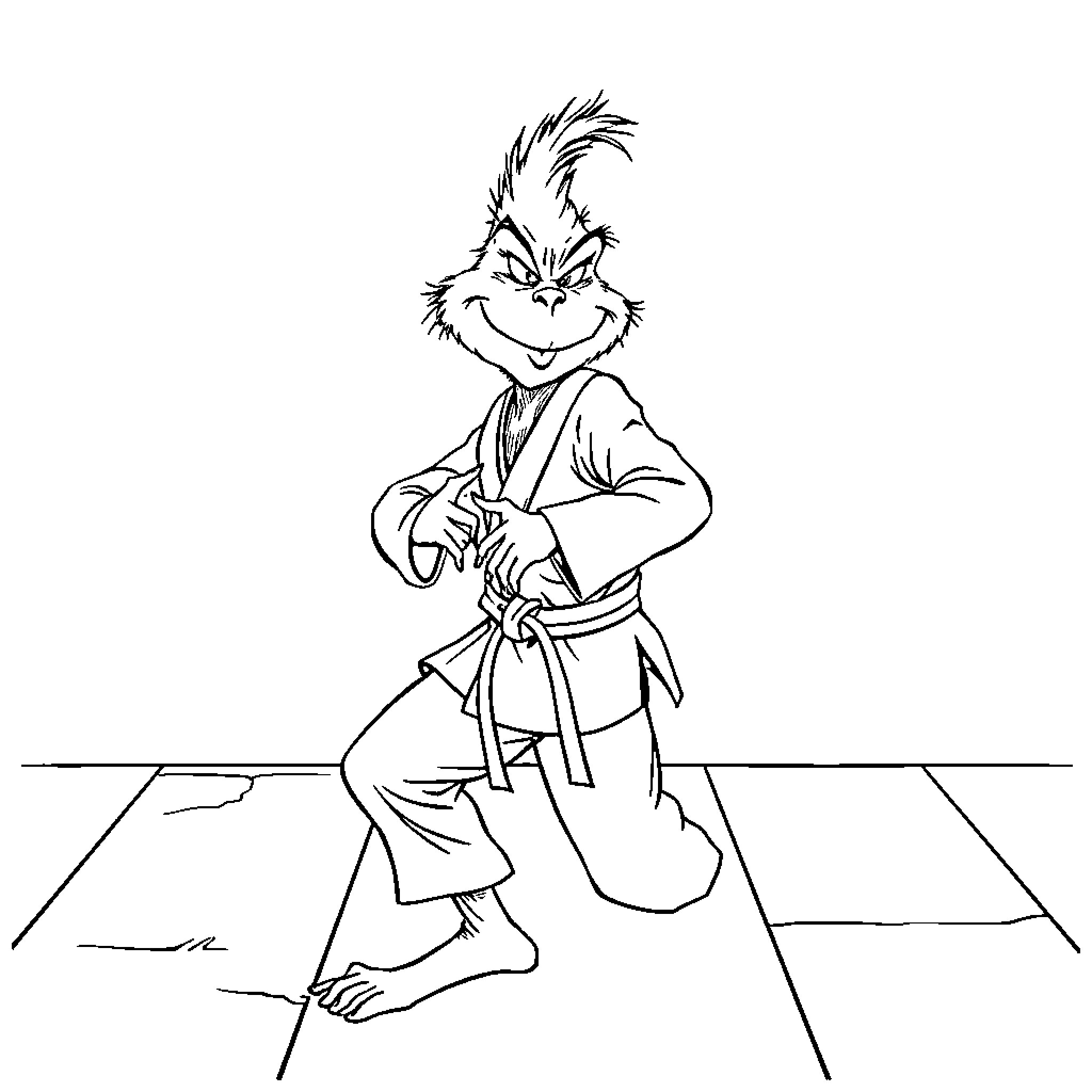 Grinch character in kimono performing martial arts Coloring Page (free black-and-white line drawing printable PDF for all, from beginners to advanced learners, including children, teens, adults, and seniors)