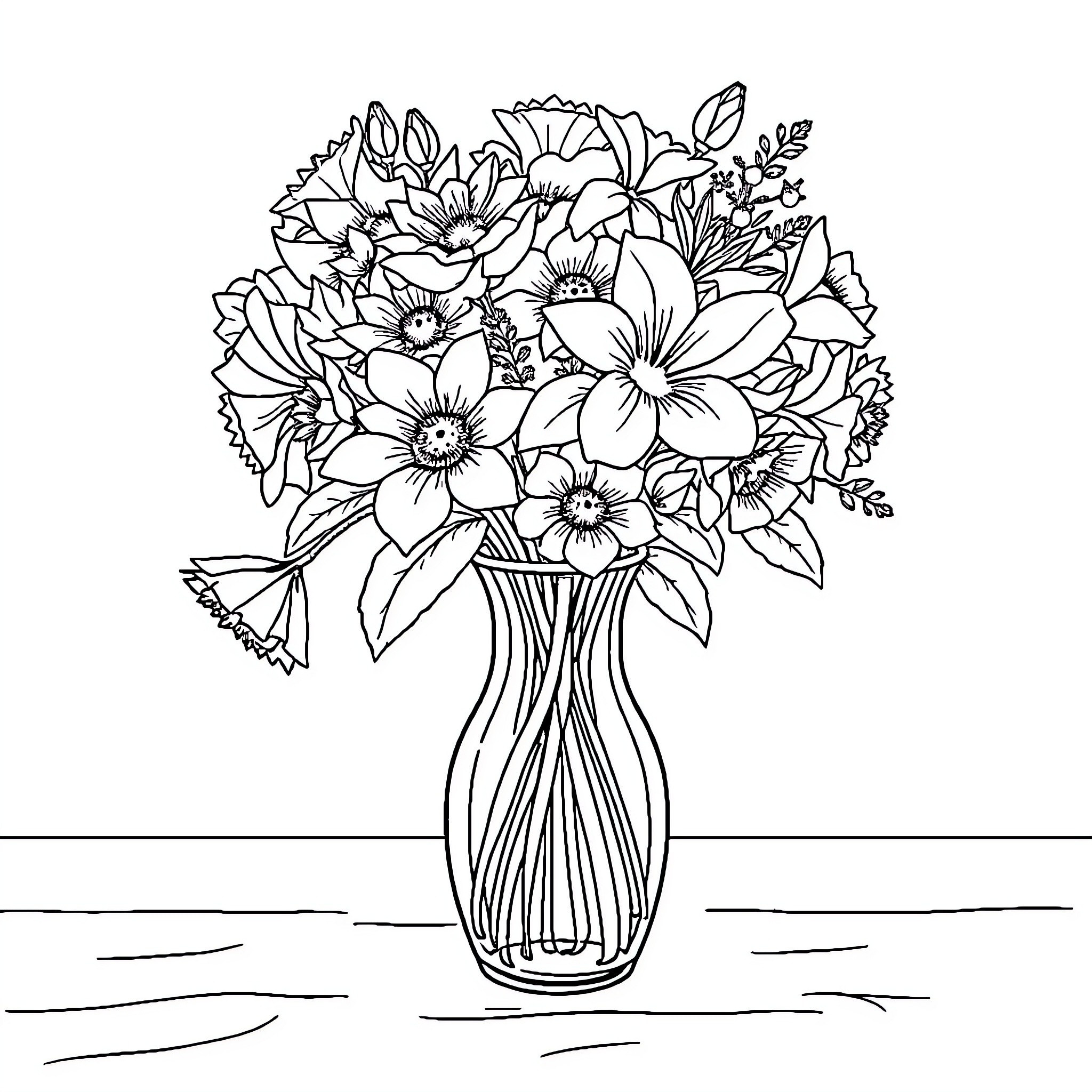 Vase of vibrant floral bouquet Coloring Page (free black-and-white line drawing printable PDF for all, from beginners to advanced learners, including children, teens, adults, and seniors)