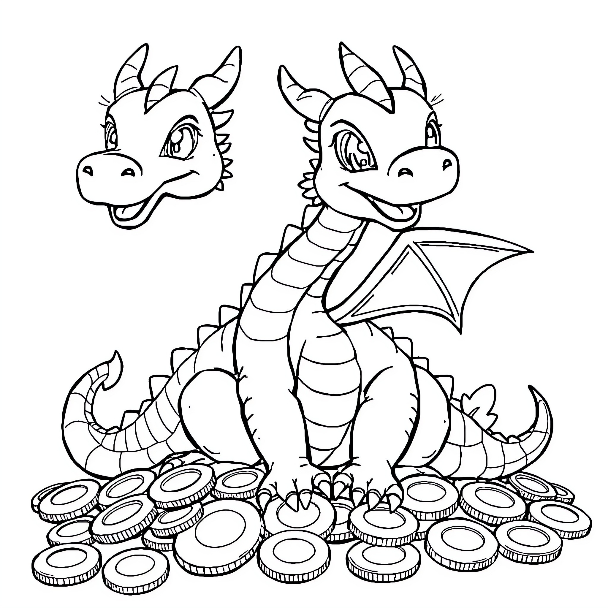 Dragon hoarding a treasure trove of coins Coloring Page (free black-and-white line drawing printable PDF for all, from beginners to advanced learners, including children, teens, adults, and seniors)