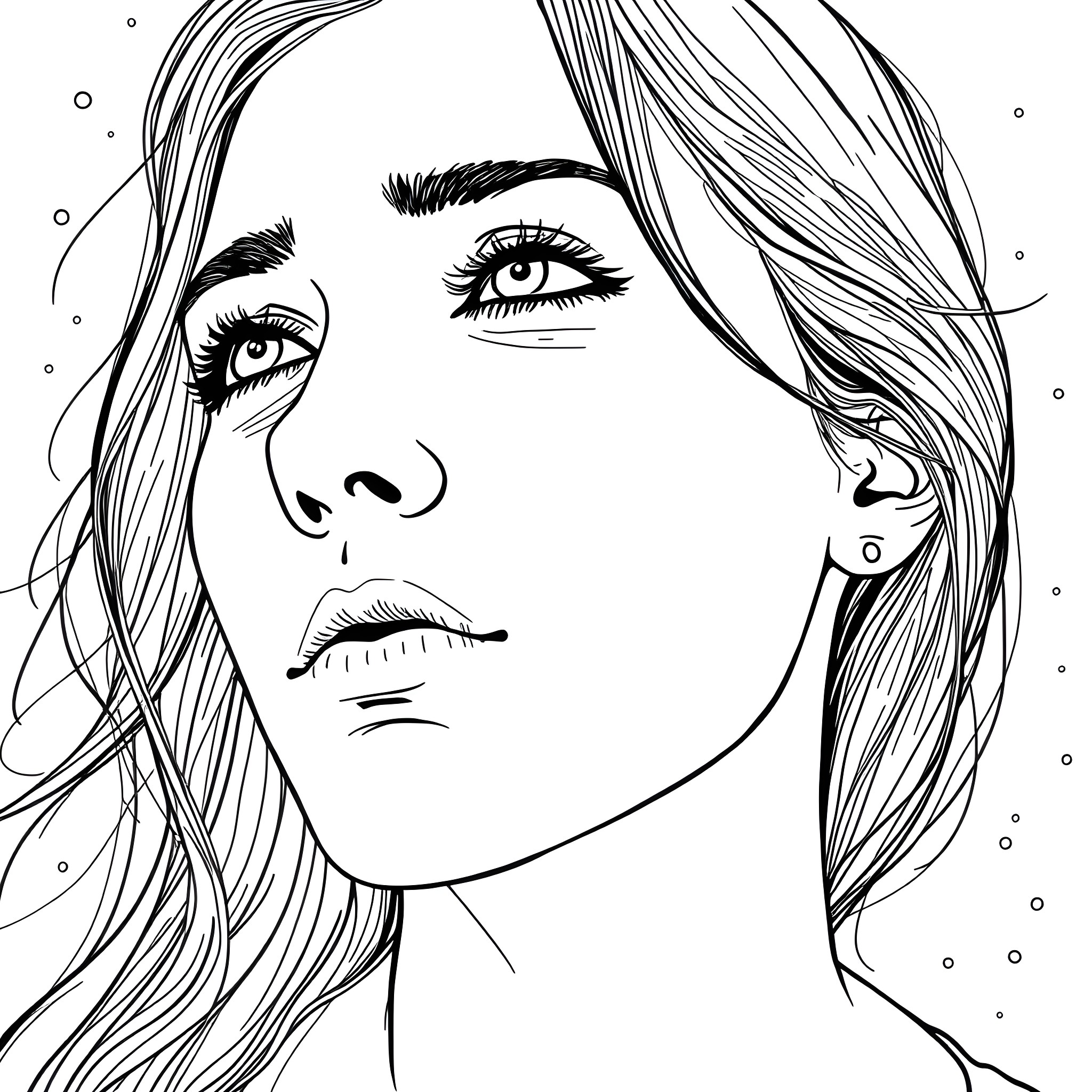 Woman in thoughtful expression with flowing hair Coloring Page (free black-and-white line drawing printable PDF for all, from beginners to advanced learners, including children, teens, adults, and seniors)