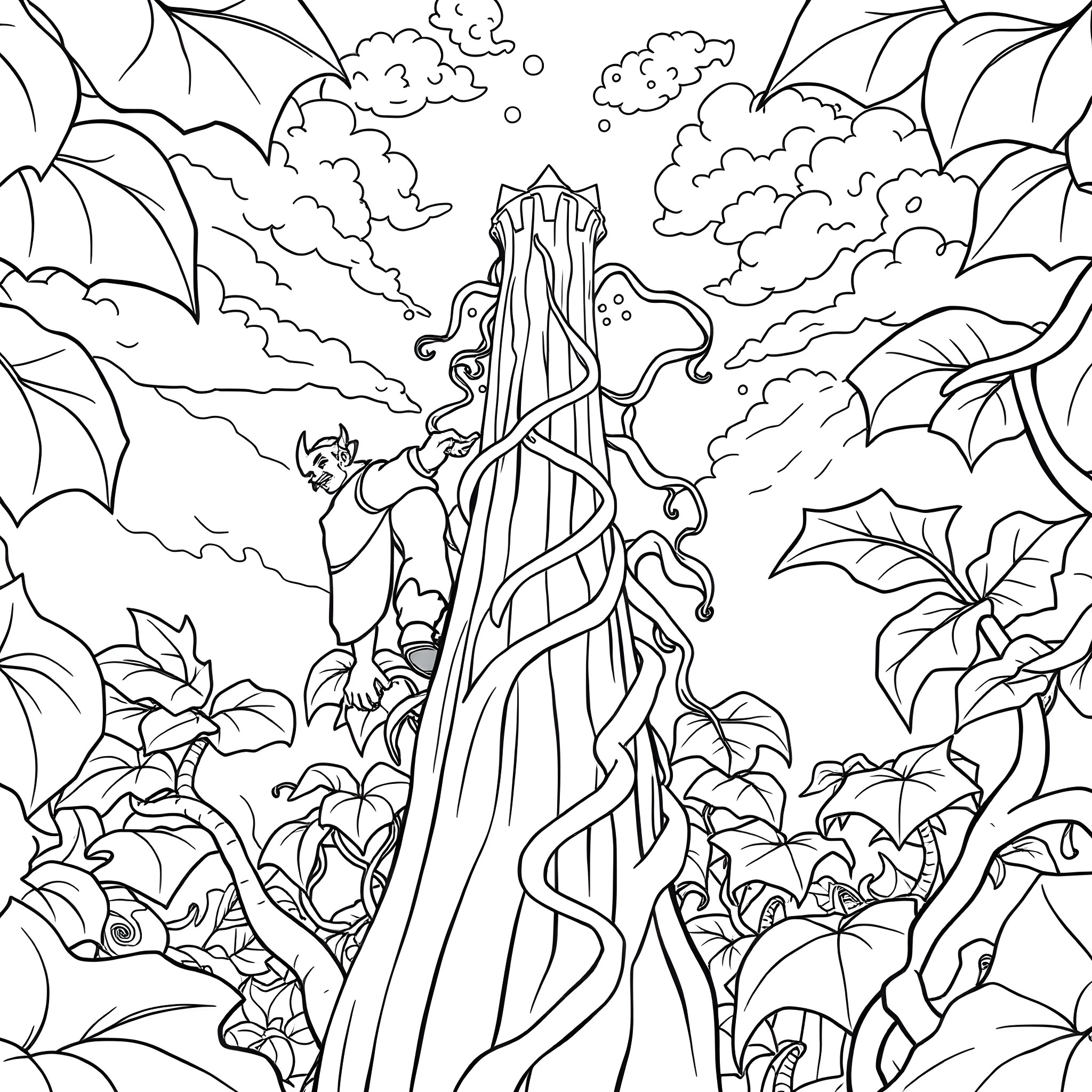 Gastón exploring a mysterious and fantastical landscape Coloring Page (free black-and-white line drawing printable PDF for all, from beginners to advanced learners, including children, teens, adults, and seniors)