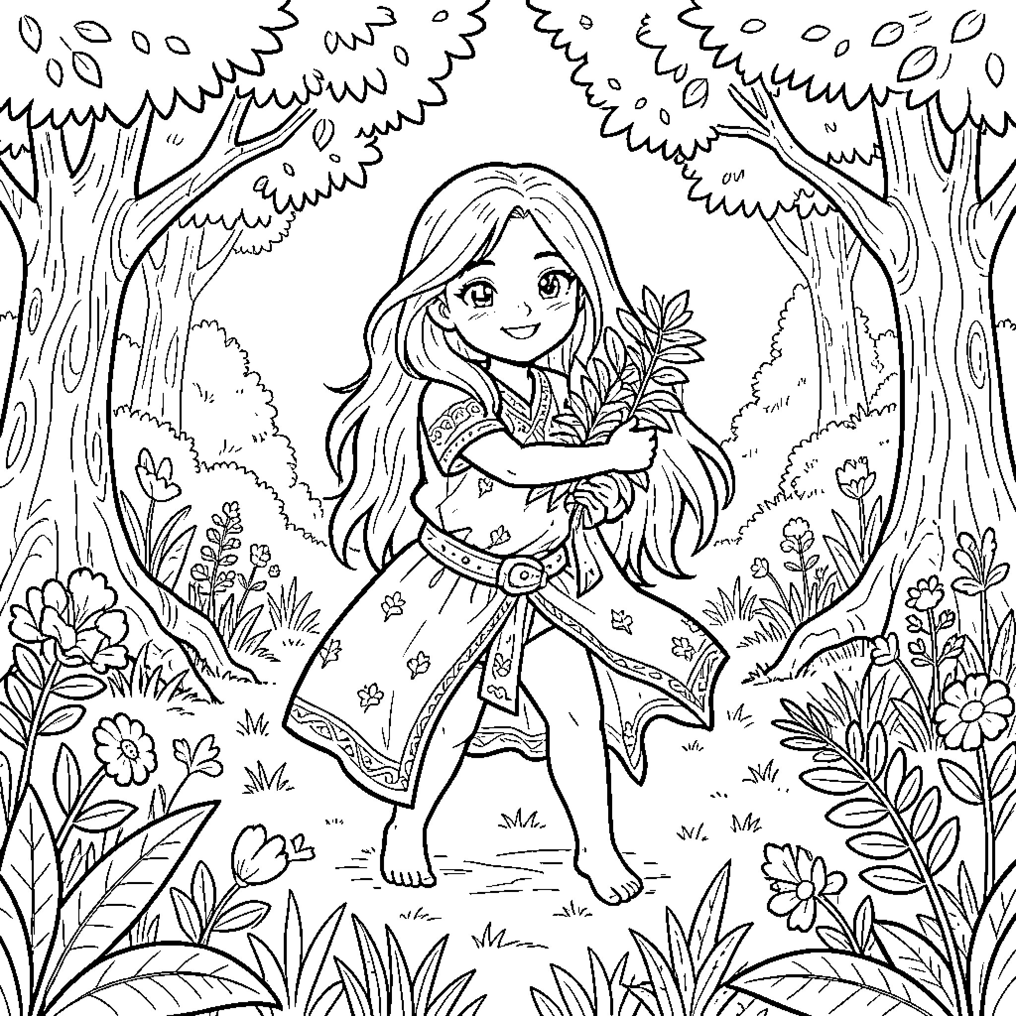 Givrali girl walking through a forest holding plants Coloring Page (free black-and-white line drawing printable PDF for all, from beginners to advanced learners, including children, teens, adults, and seniors)