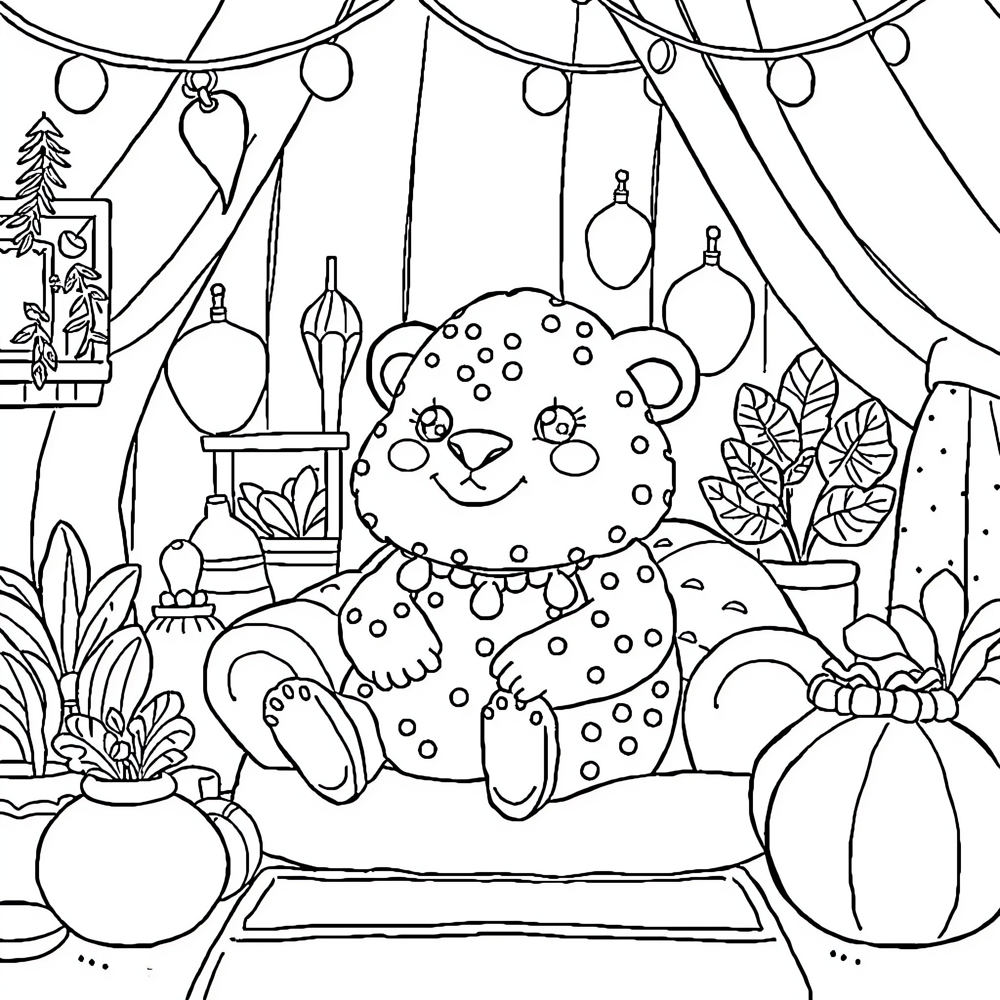 Labubu's Cozy Cottage: Plush Companion Amid Festive Decor Coloring Page (free black-and-white line drawing printable PDF for all, from beginners to advanced learners, including children, teens, adults, and seniors)