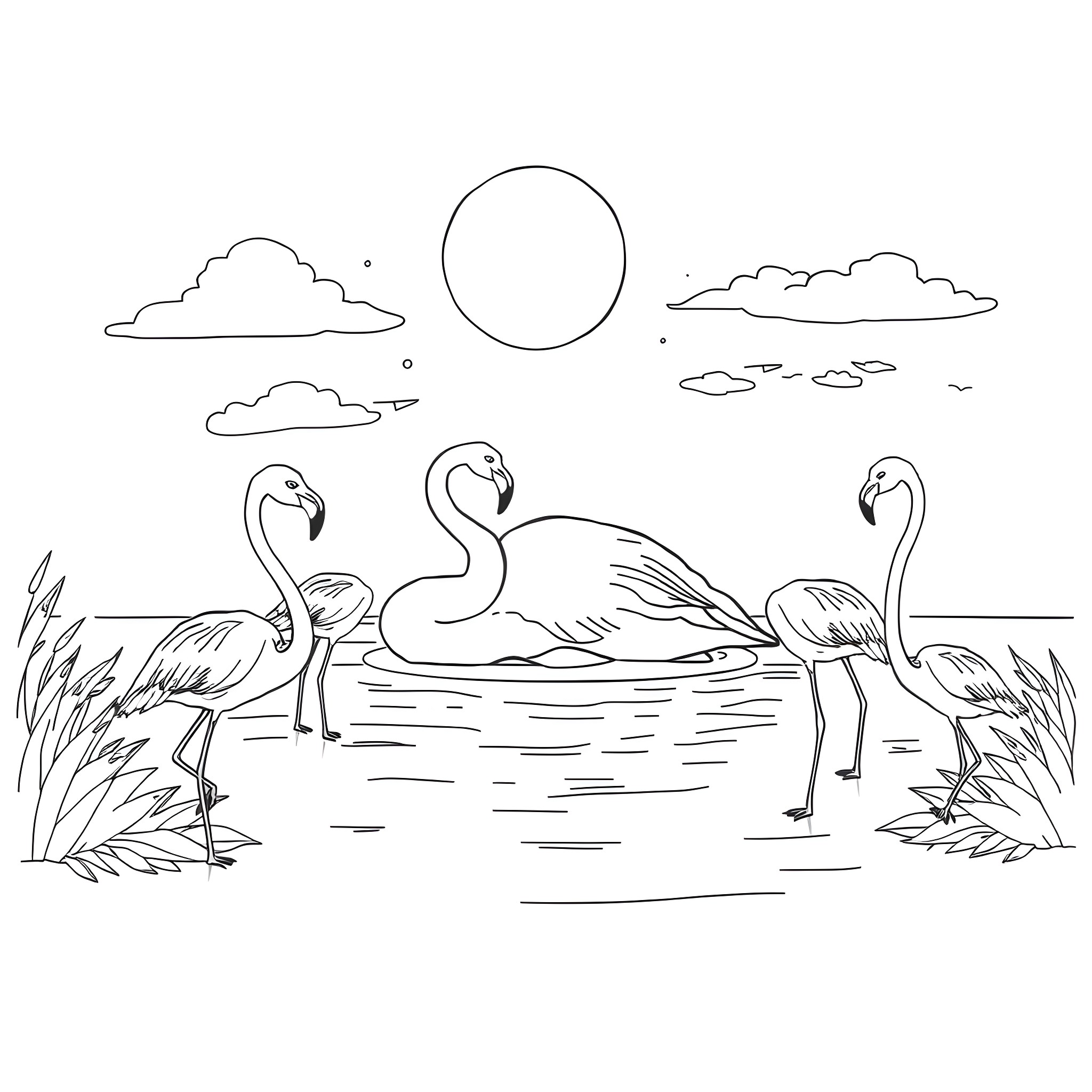 Flamingos Wading in Tranquil Waters Coloring Page (free black-and-white line drawing printable PDF for all, from beginners to advanced learners, including children, teens, adults, and seniors)