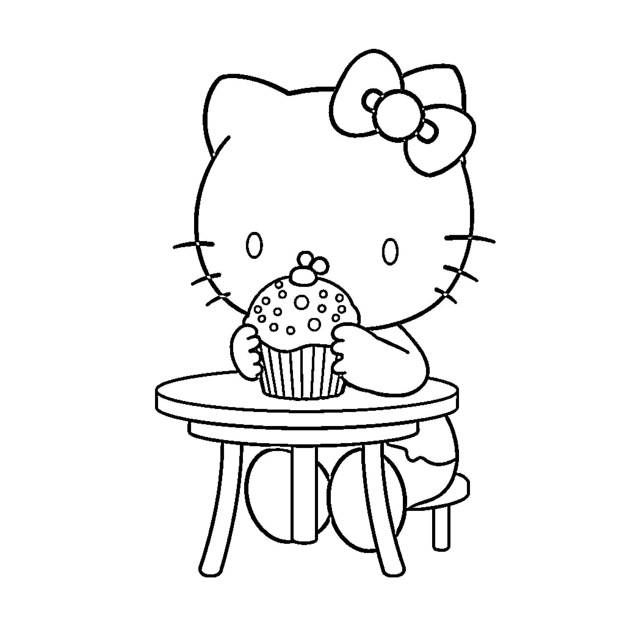 Hello Kitty enjoying a cupcake Coloring Page (free black-and-white line drawing printable PDF for all, from beginners to advanced learners, including children, teens, adults, and seniors)