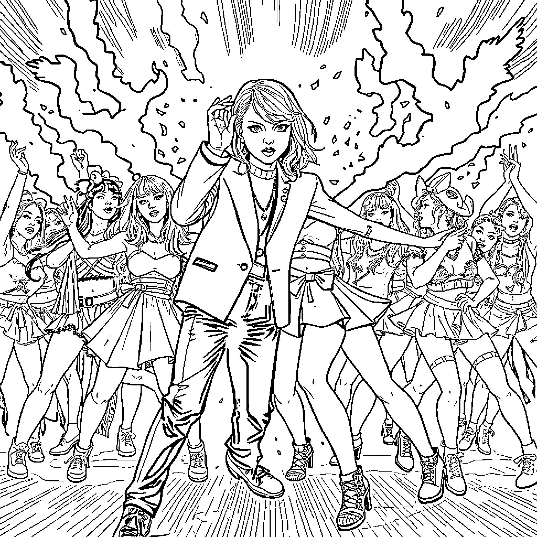 Damon's Lively Performance on Stage with Backup Dancers Coloring Page (free black-and-white line drawing printable PDF for all, from beginners to advanced learners, including children, teens, adults, and seniors)