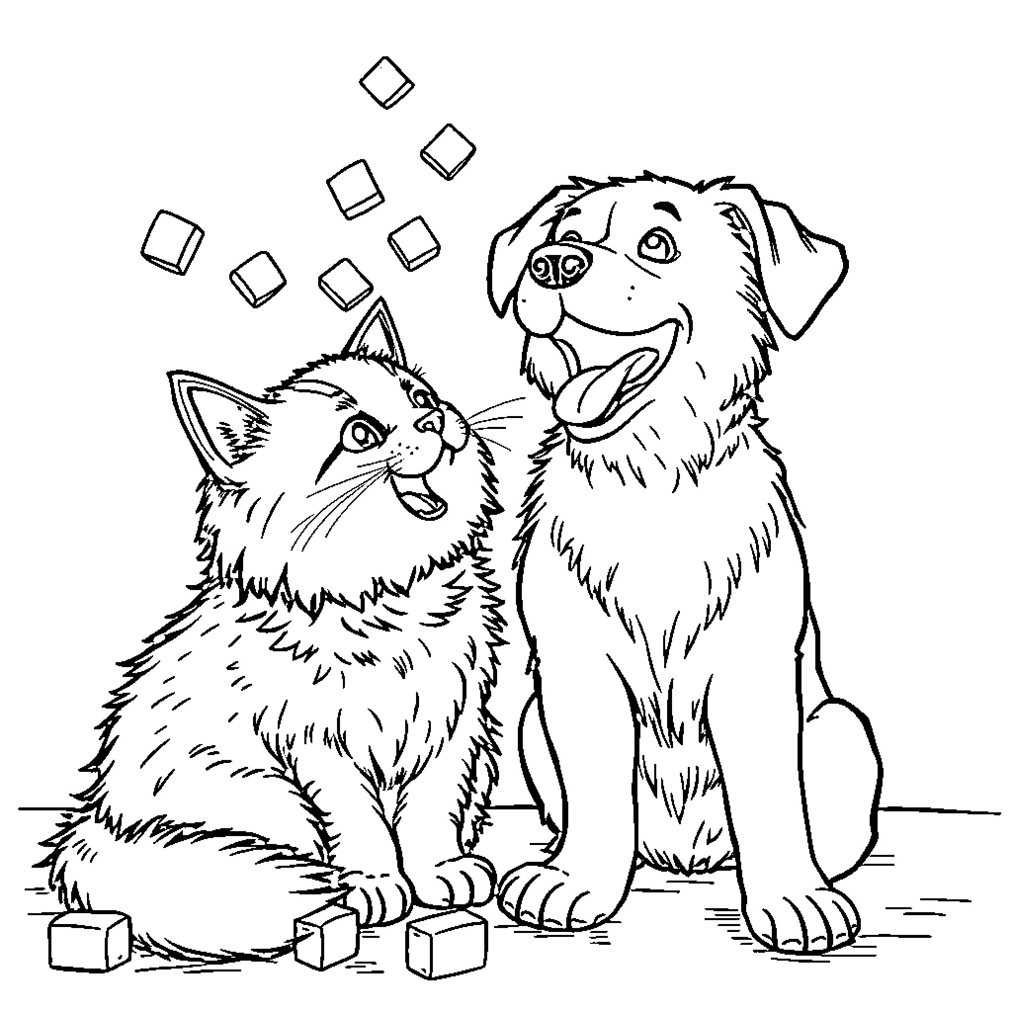 Cat and Dog Playing with Cubes Coloring Page (free black-and-white line drawing printable PDF for all, from beginners to advanced learners, including children, teens, adults, and seniors)