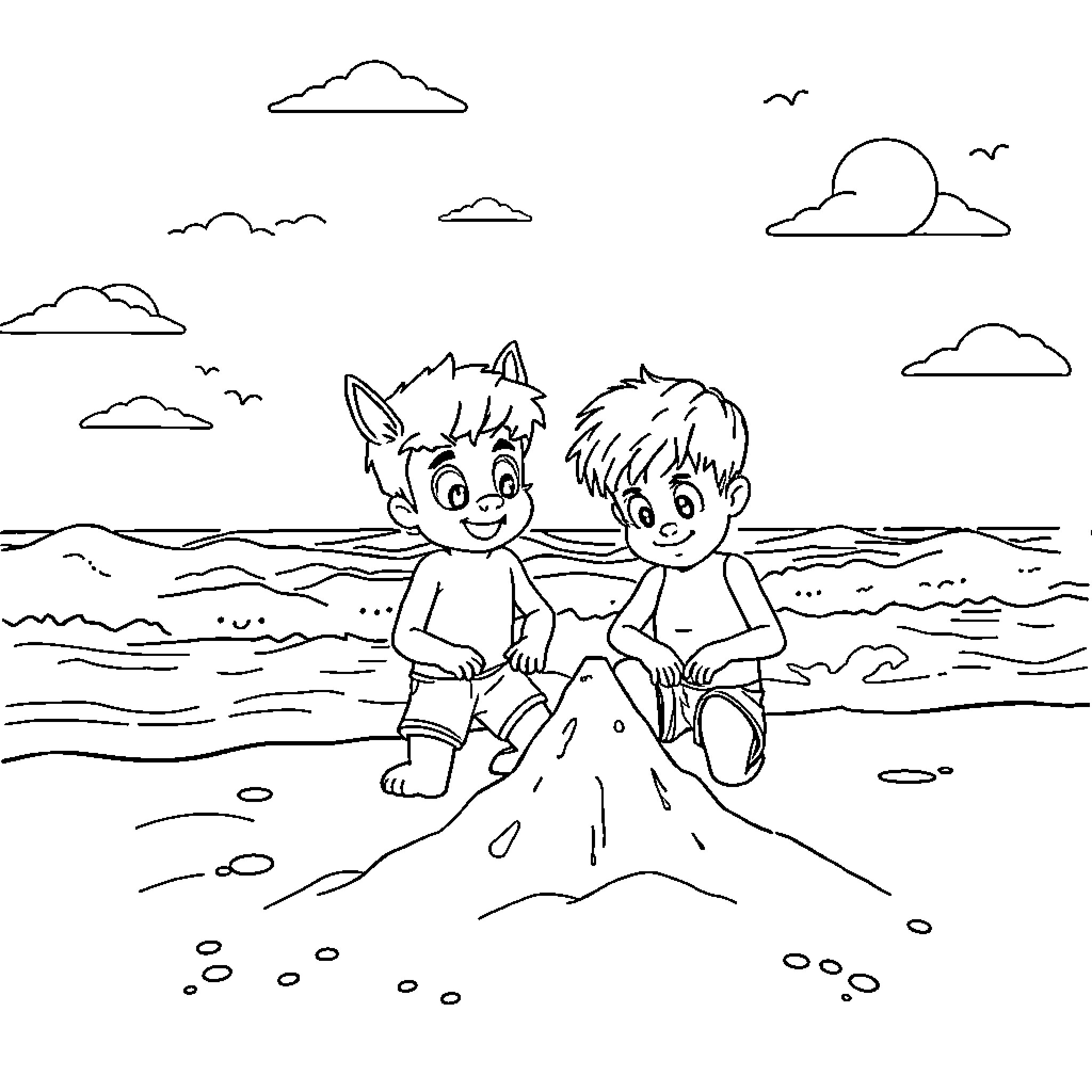 Huntrix children playing in the sand Coloring Page (free black-and-white line drawing printable PDF for all, from beginners to advanced learners, including children, teens, adults, and seniors)