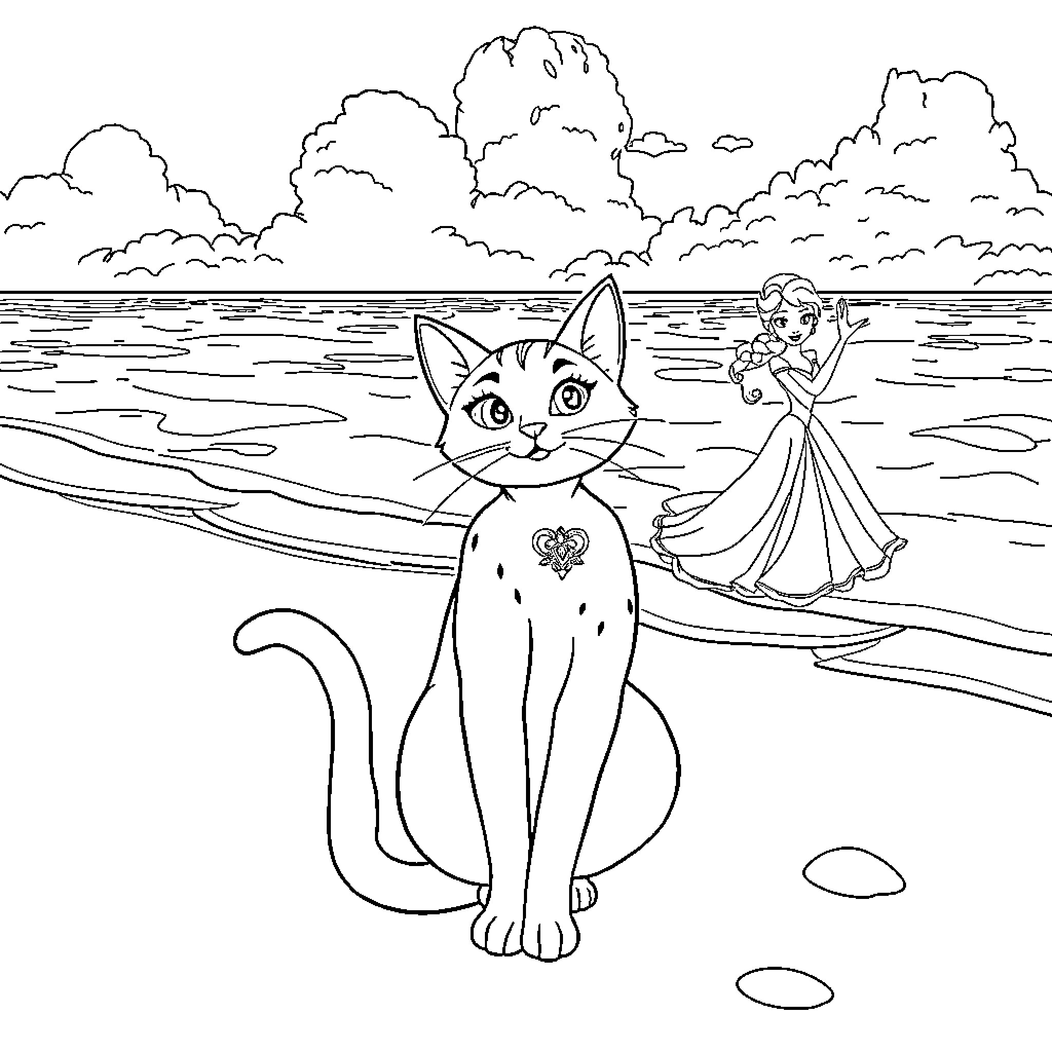 Marie explores the enchanting seaside with feline companion Coloring Page (free black-and-white line drawing printable PDF for all, from beginners to advanced learners, including children, teens, adults, and seniors)