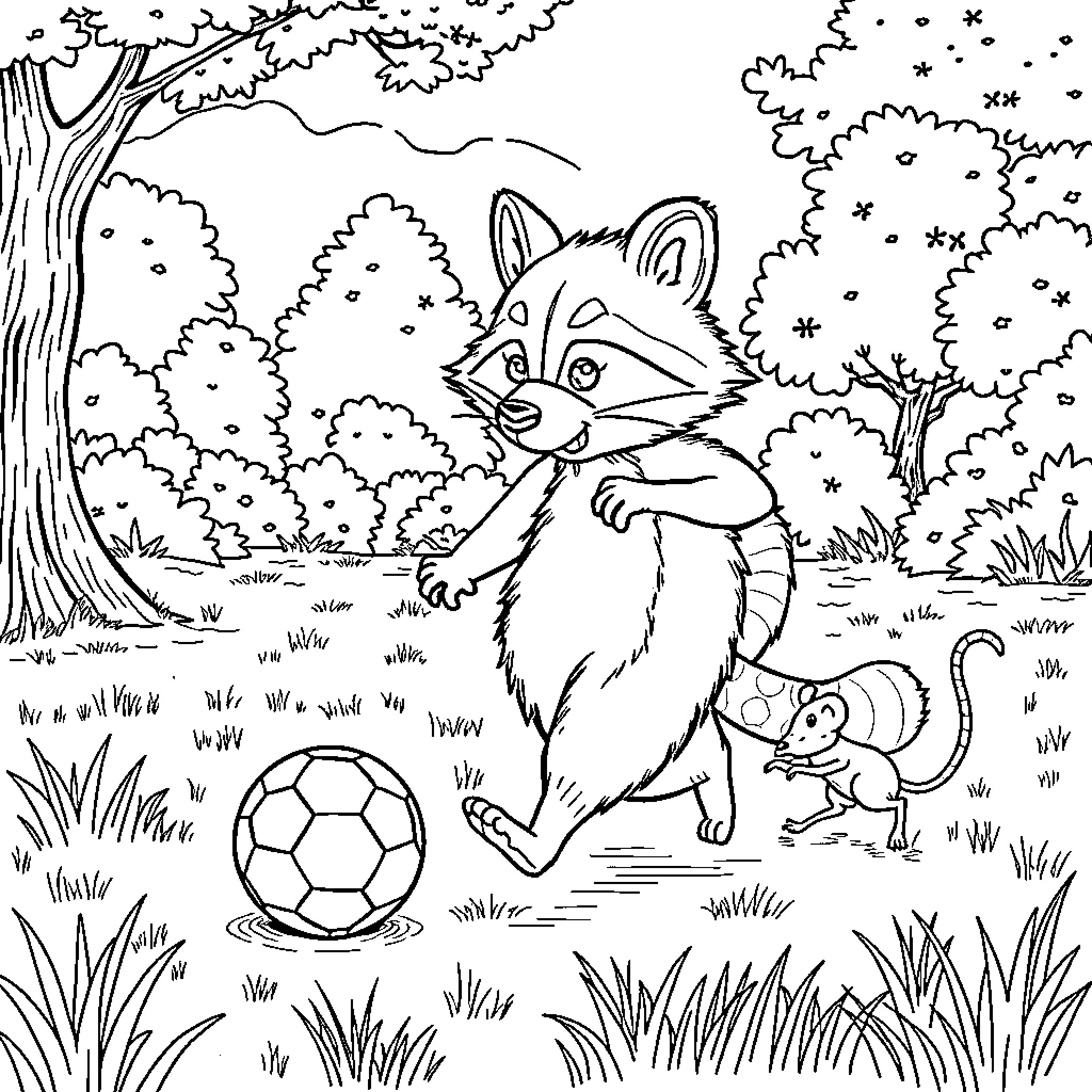 Raccoon playing with ball in the forest Coloring Page (free black-and-white line drawing printable PDF for all, from beginners to advanced learners, including children, teens, adults, and seniors)