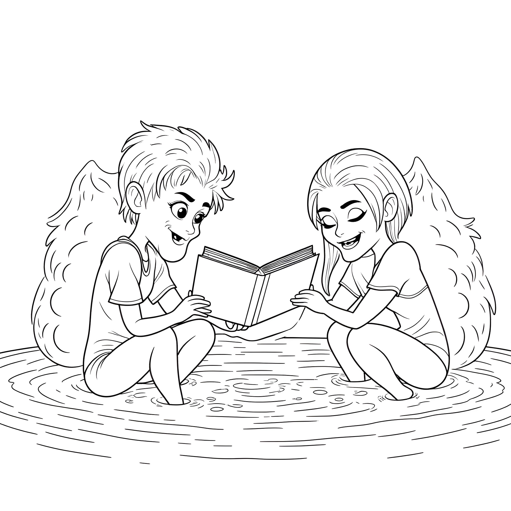 Vampire siblings reading a book together Coloring Page (free black-and-white line drawing printable PDF for all, from beginners to advanced learners, including children, teens, adults, and seniors)