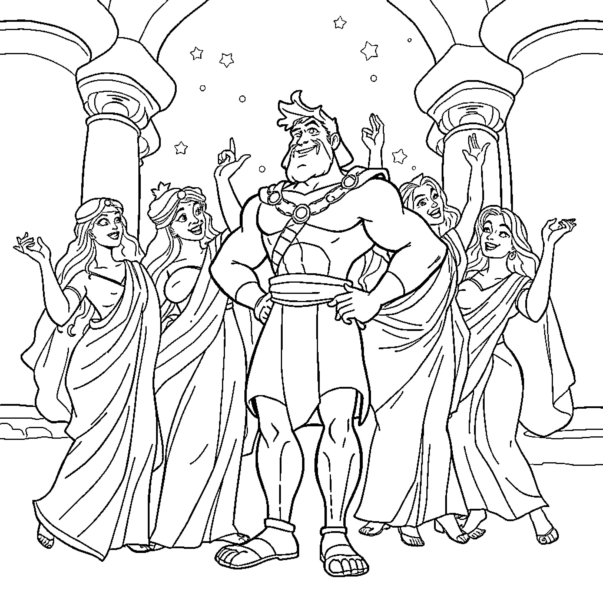 Hercules surrounded by adoring Greek goddesses Coloring Page (free black-and-white line drawing printable PDF for all, from beginners to advanced learners, including children, teens, adults, and seniors)